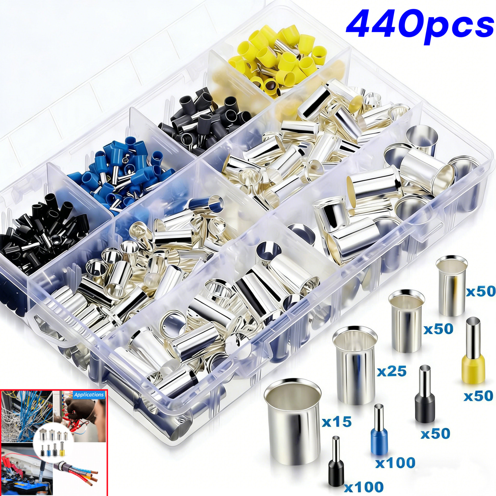 440pcs AWG 2/0 1/0 2 4 10 12 14 16 Wire Ferrules Kits Crimp Terminal Connector