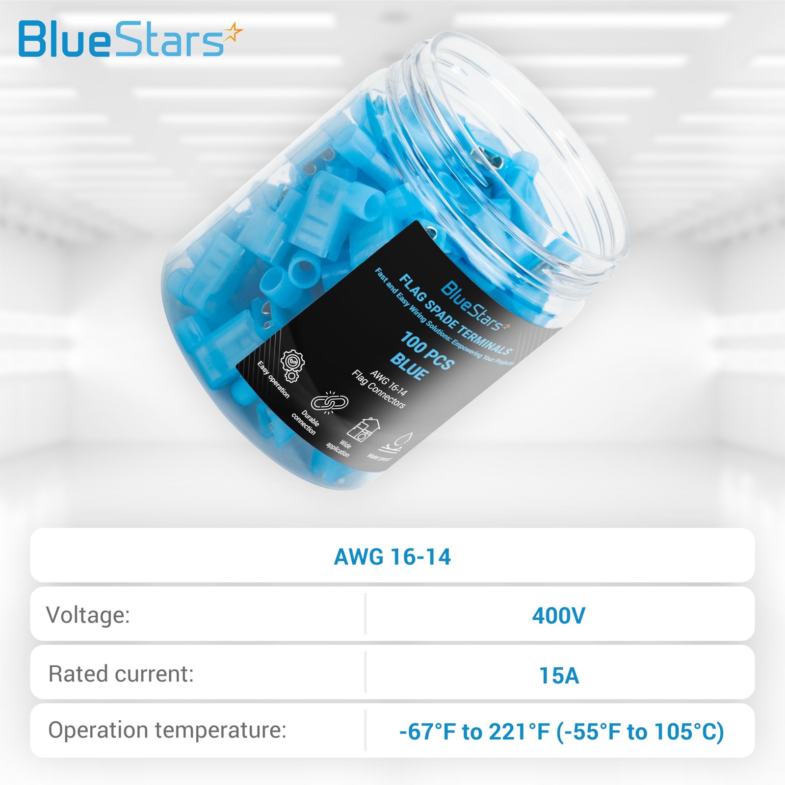 100 PCS Blue Flag Spade Terminals Female, AWG 16-14, 400V, 15A Electrical Connec