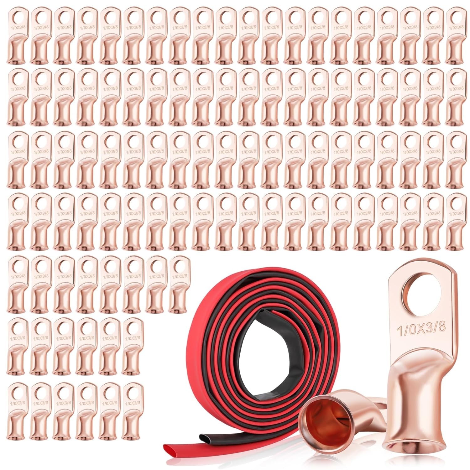 100 Heavy Duty 1/0 AWG-3/8 Copper Battery Lugs with 6.5ft Heat Shrink Tubing Set
