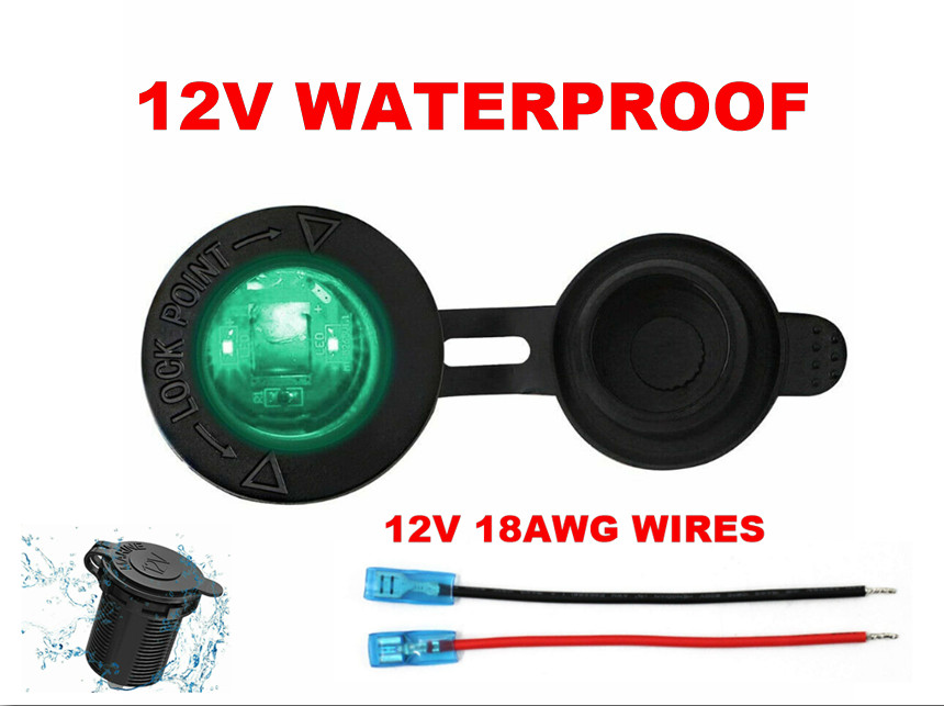 MARINE 12V 15A 18AWG Wires Waterproof Socket Power Outlet LED GREEN