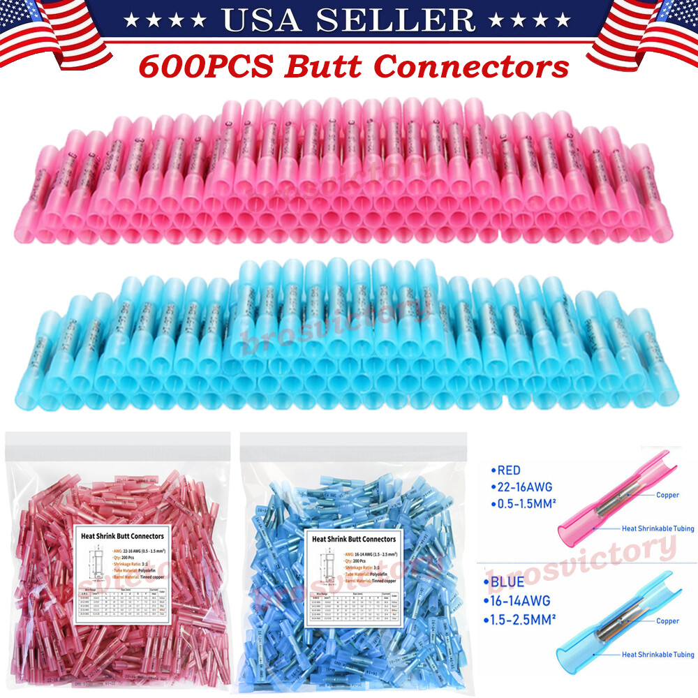 600PCS Heat Shrink But Connectors Waterproof Electrical Wire Marine Butt Splice