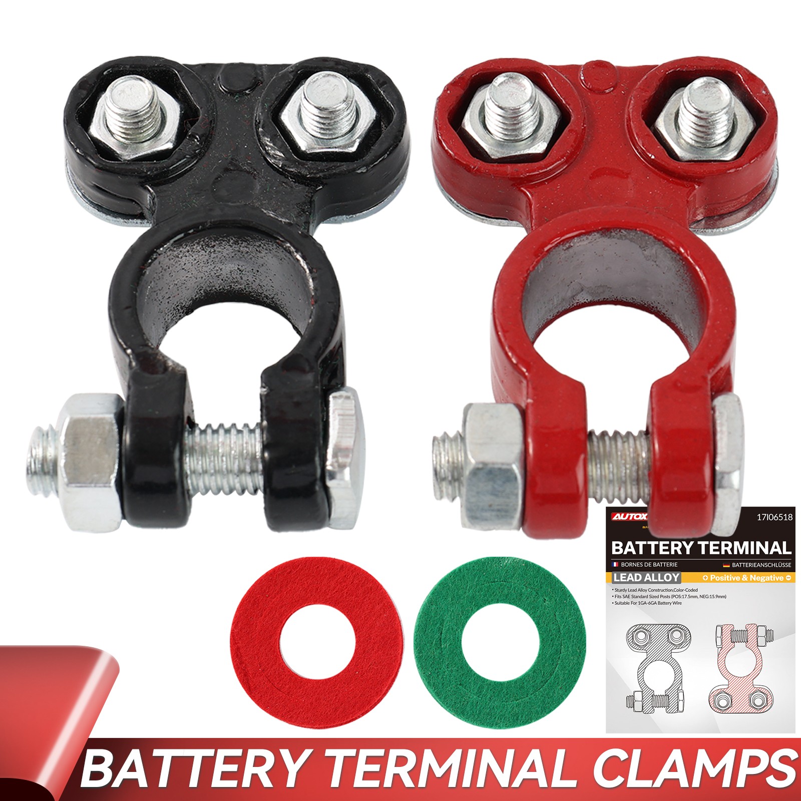 2x Pure Lead Battery Terminals Connectors Clamps Top Post Protector w/ Washers