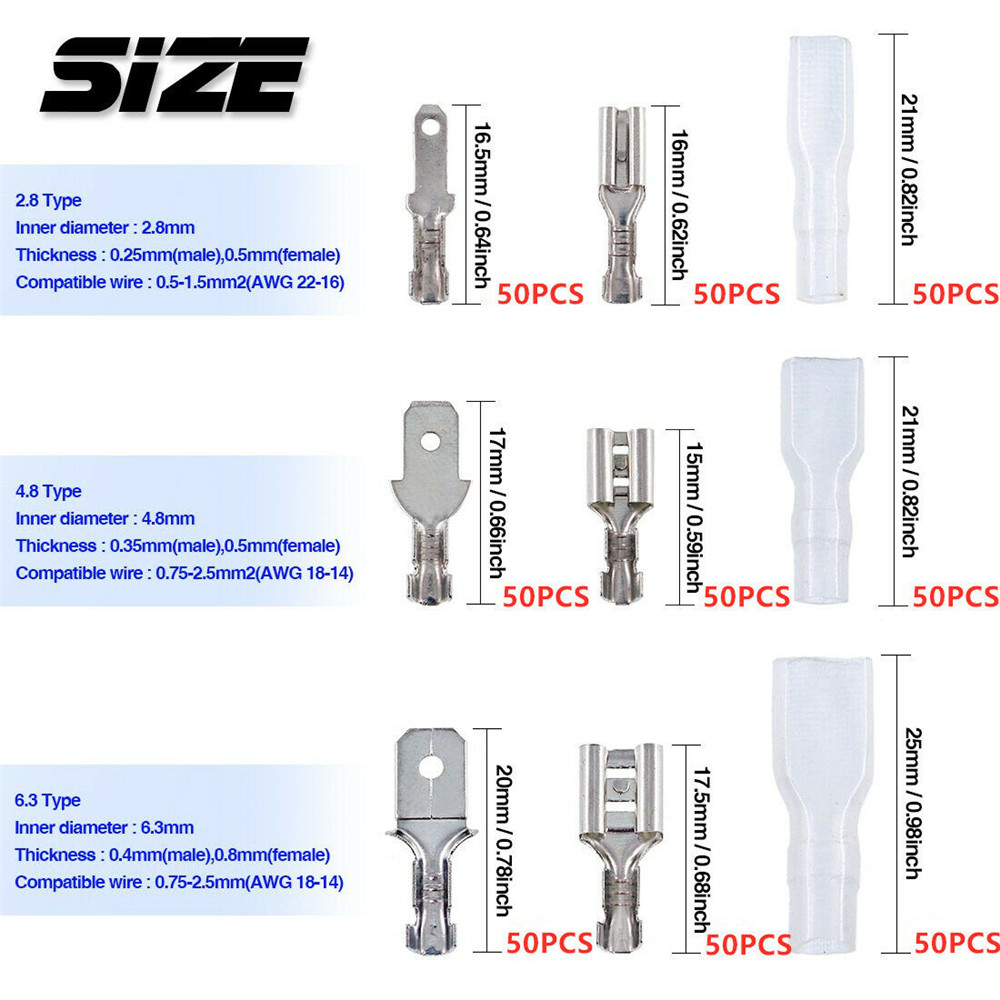 450PCS 2.8mm/4.8mm/6.3mm Female & Male Spade Connectors Wire Crimp Terminals