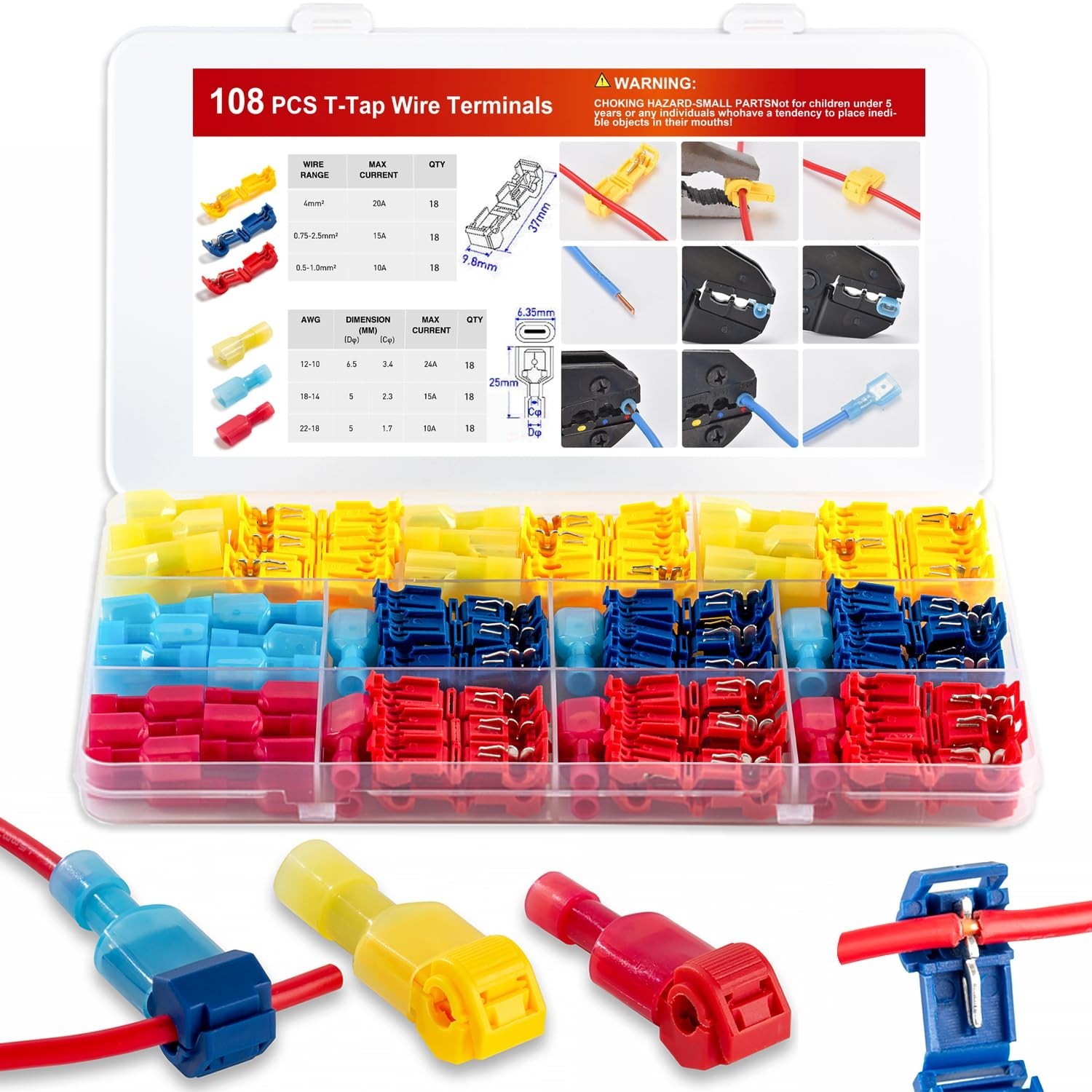 108pcs T-Tap Wire Connectors Terminal Quick Splice Self-Stripping 22-10 AWG Auto
