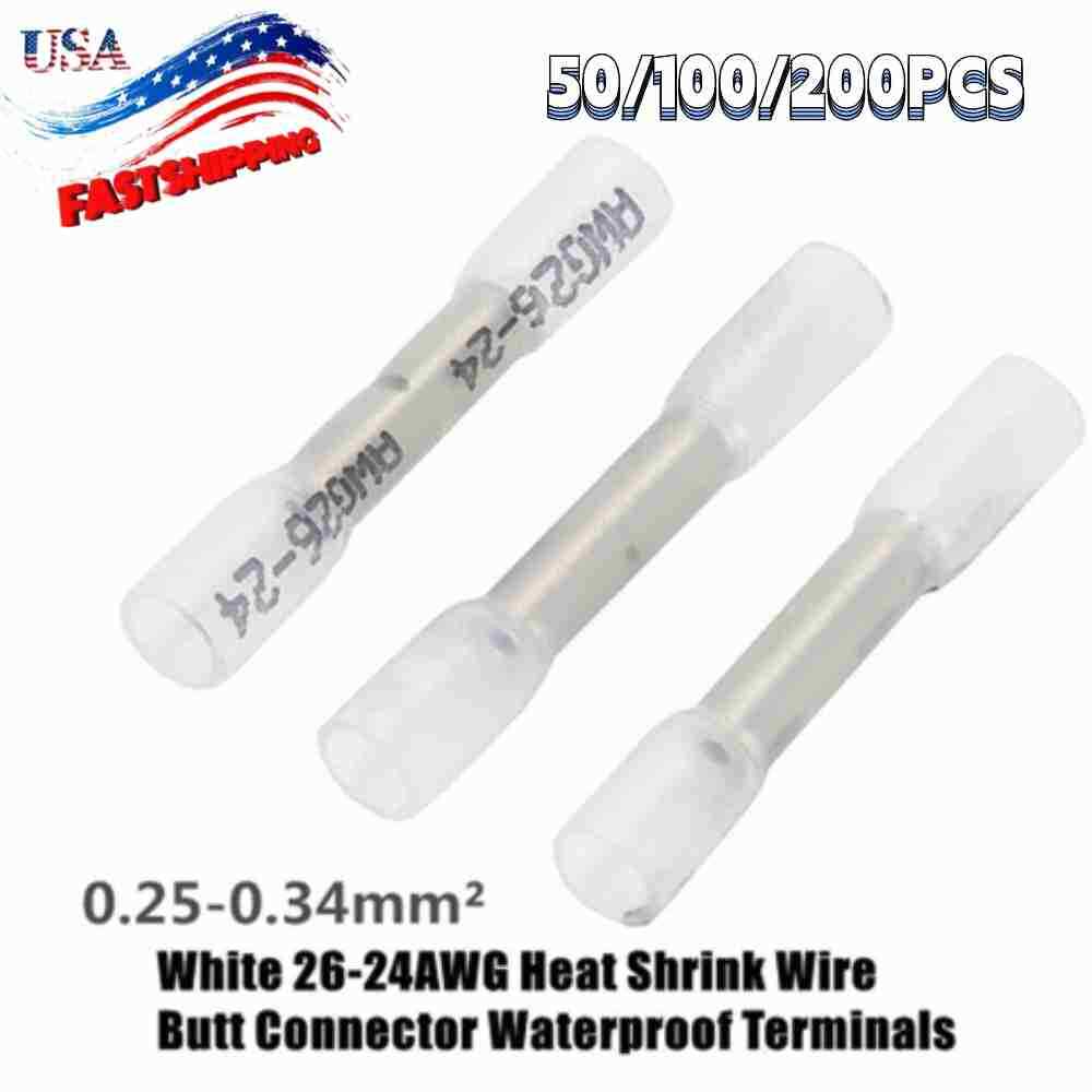 White 50-200Pcs Heat Shrink Butt Wire Connectors Crimp Terminal AWG 26-24 Gauge