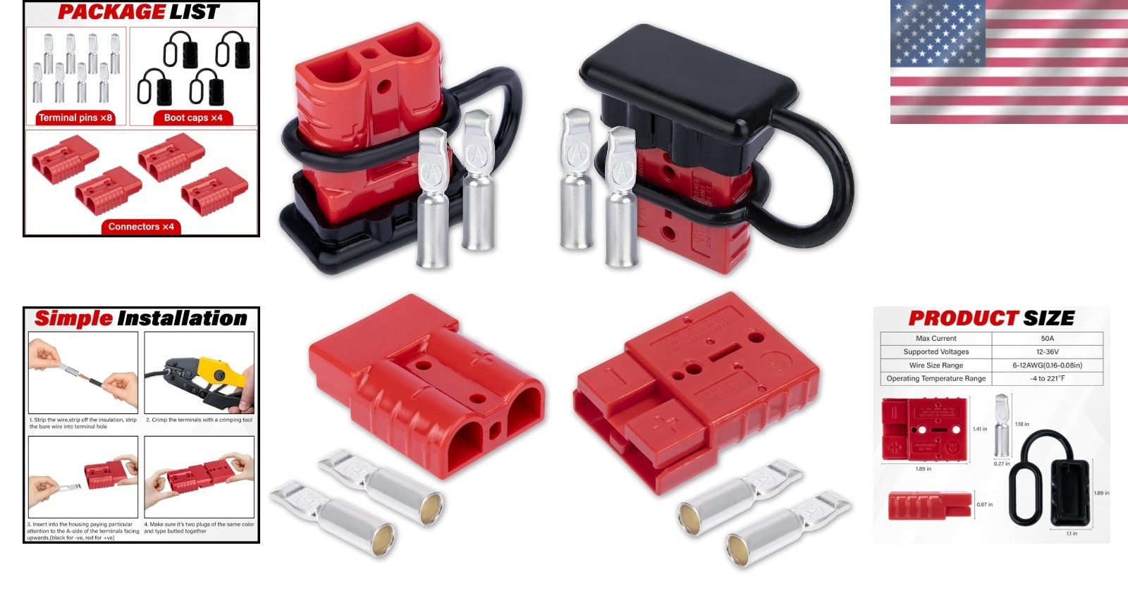 50 Amp Anderson Connector Set – Quick Disconnect for 6-12 Gauge Cables, 4 Pack