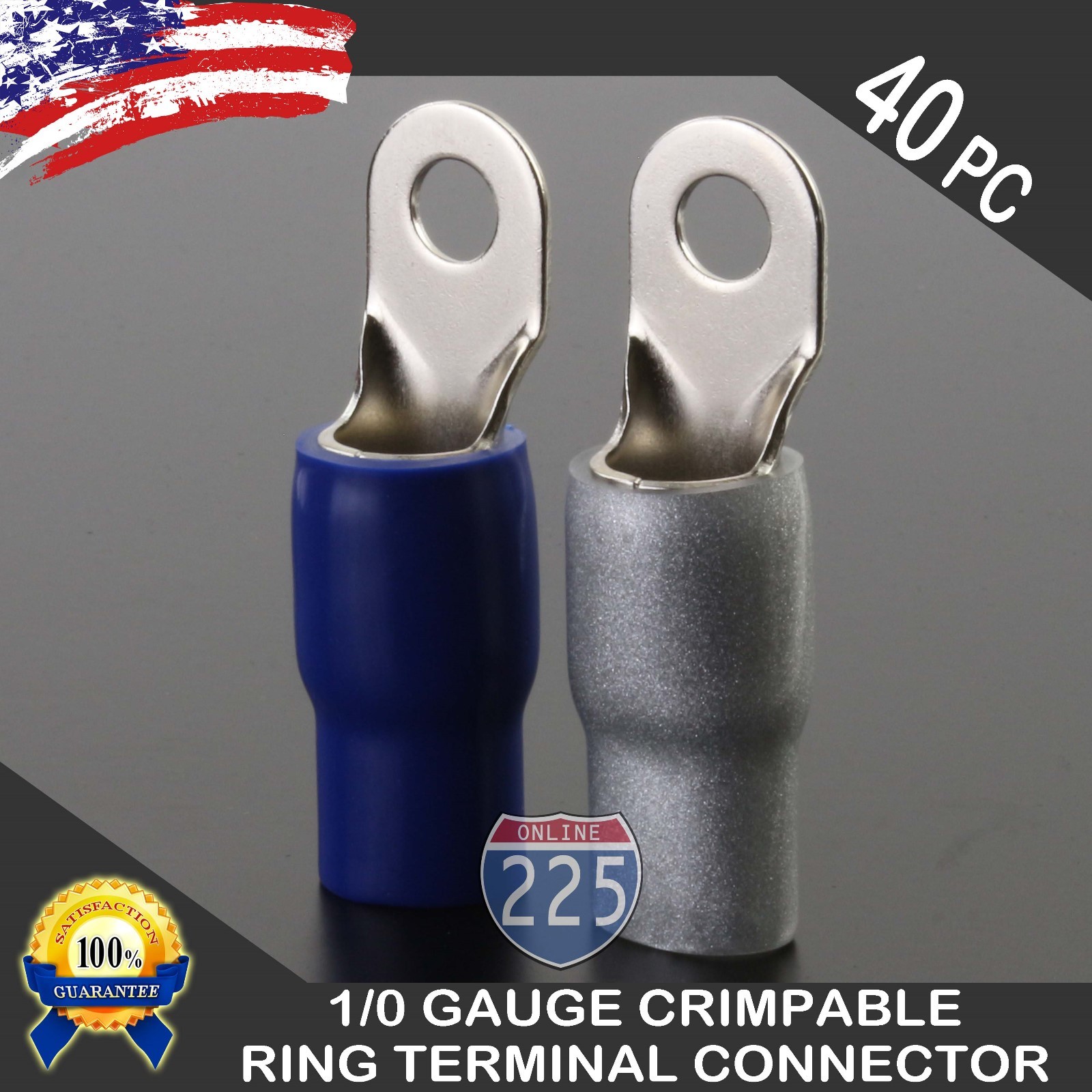 0 Gauge Platinum Ring Terminal 40 Pack 1/0 AWG Wire Crimp Blue Silver Boot 5/16″