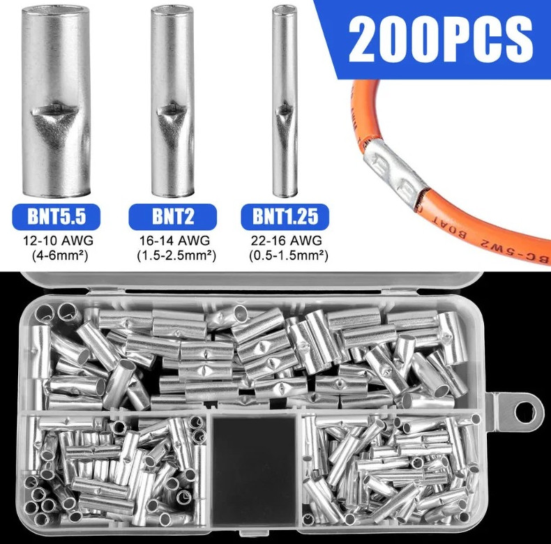 200pcs Uninsulated Butt Wire Connectors Ferrules Electrical Cable Crimp Terminal
