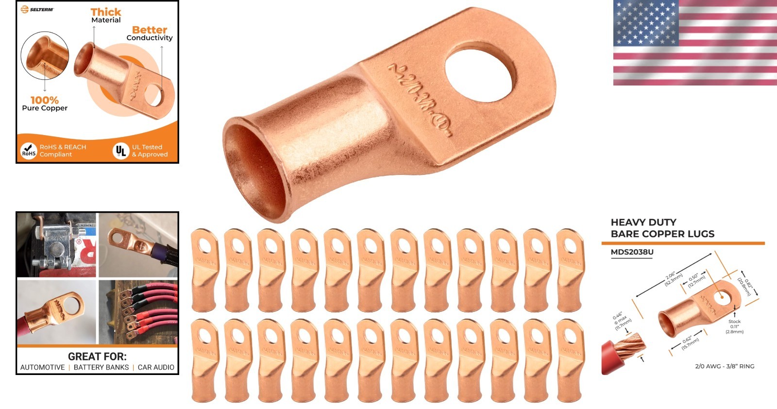 Heavy Duty Copper Wire Lugs, 00 Gaug Ring Terminals