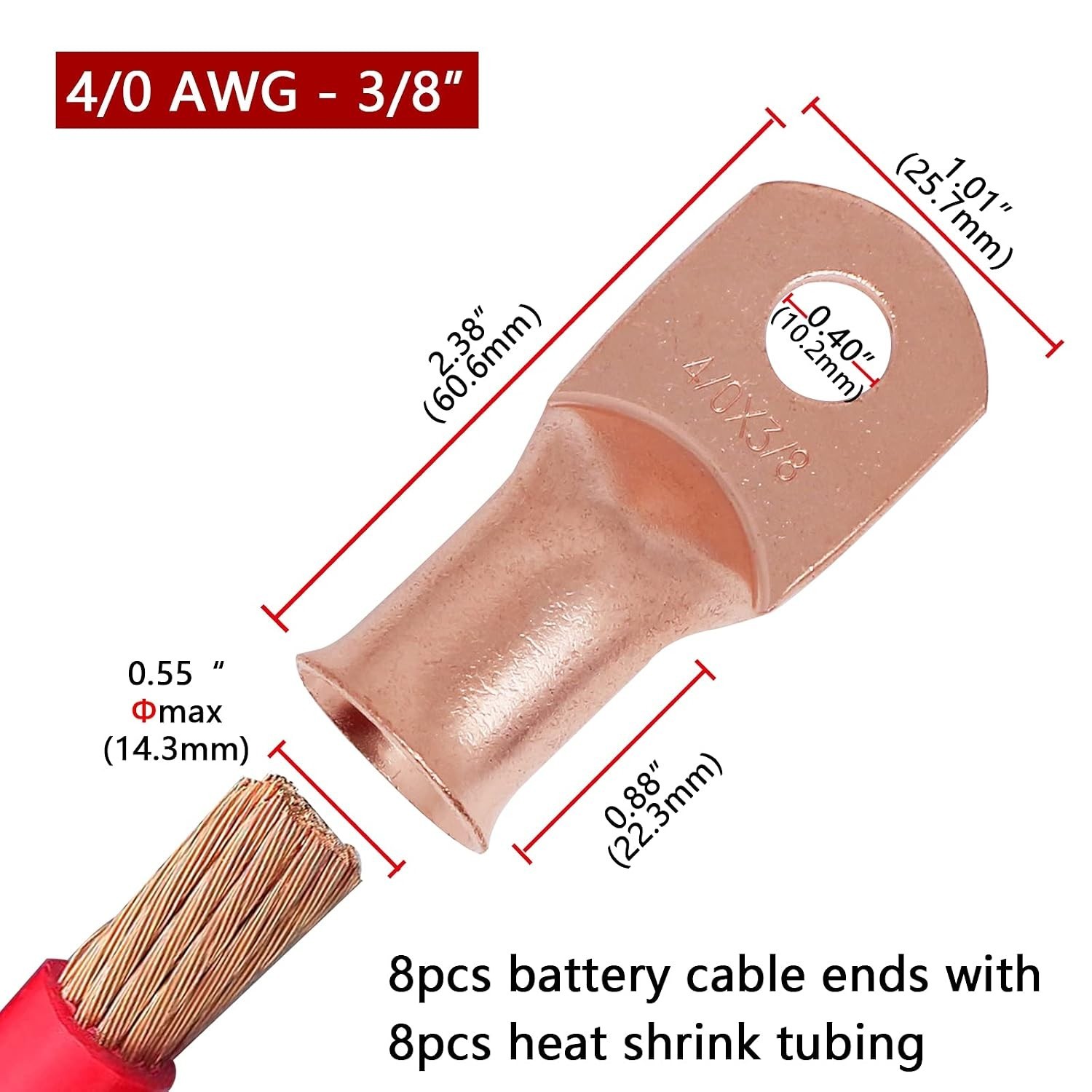 8 PCS 4/0 AWG – 3/8 Battery Cable Lugs Copper Wire Ring Terminals | ,4:1 Heat…