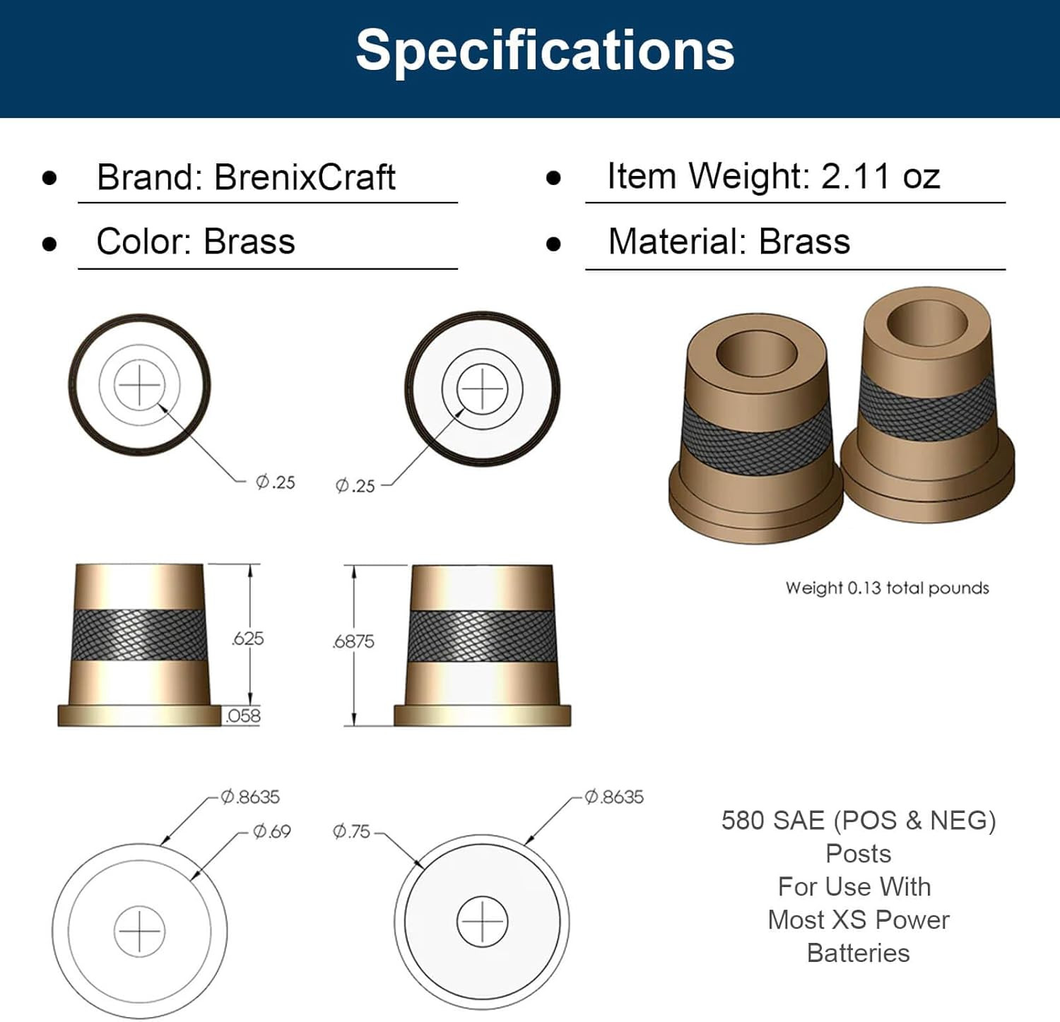 580 Short Brass Battery Terminal Post Adaptor Kit, M6 Thread, SAE Automotive Sho