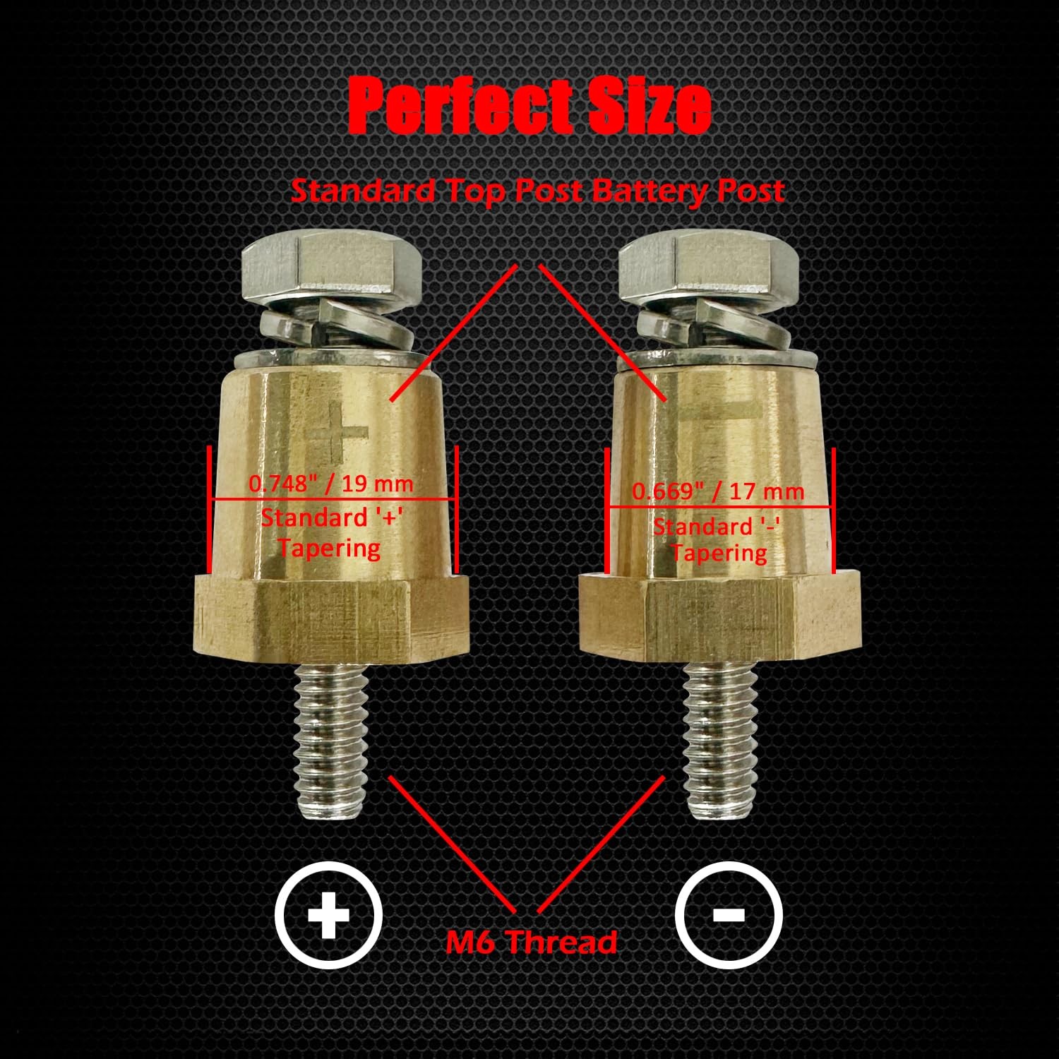 M6 Thread Brass Battery Terminal Charging Posts, Battery Post Adapter (+/-)