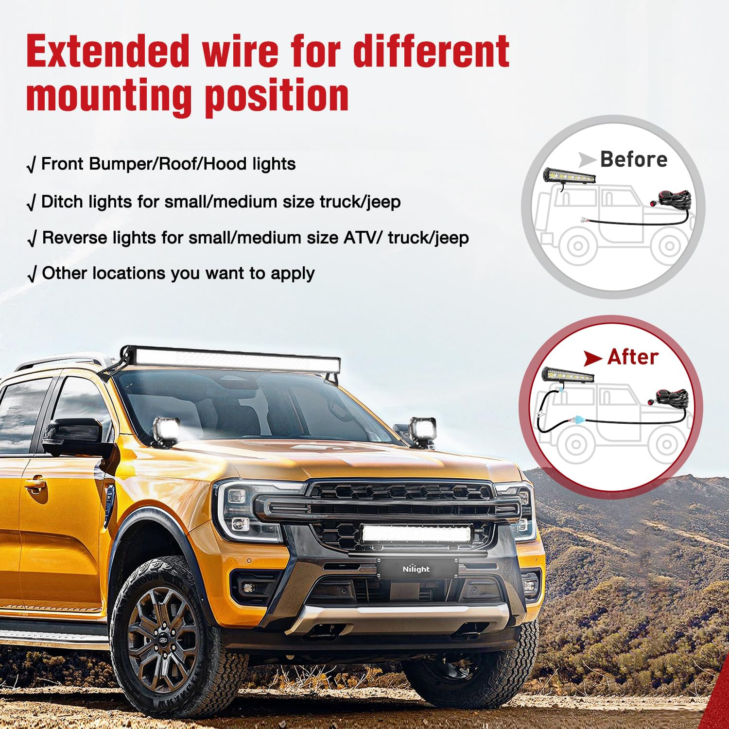 Nilight LED Light Bar Wiring Harness 2 PCS 12 AWG Extension Kit 10 Feet for off