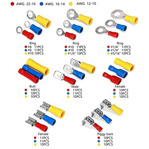 250Pcs Insulated Wire Connectors Crimp Terminal Kit Ring Butt Splices Piggy Back