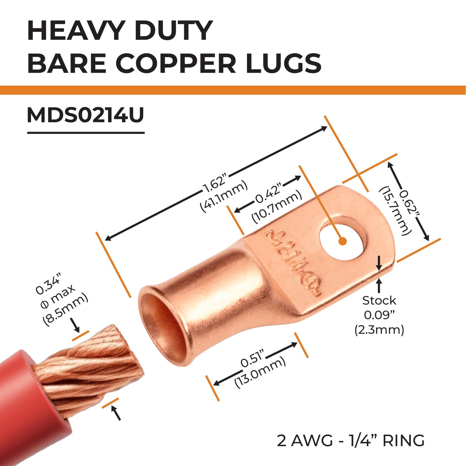SELTERM 10pcs 2 AWG – 1/4″ Stud – 2 Awg – (M6) Ring, Bare Copper Lugs