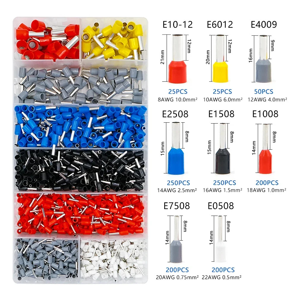 Kit 1200 Embouts Sertir Fil Électrique Isolés E10-12 à 0508 Laiton Pressé