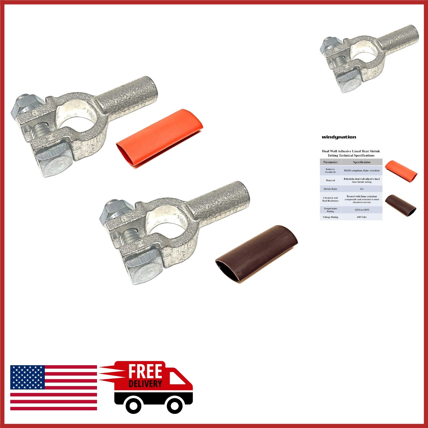 Pure Copper Top Post Battery Connectors 2/0 Gauge with Heat Shrink Tubing