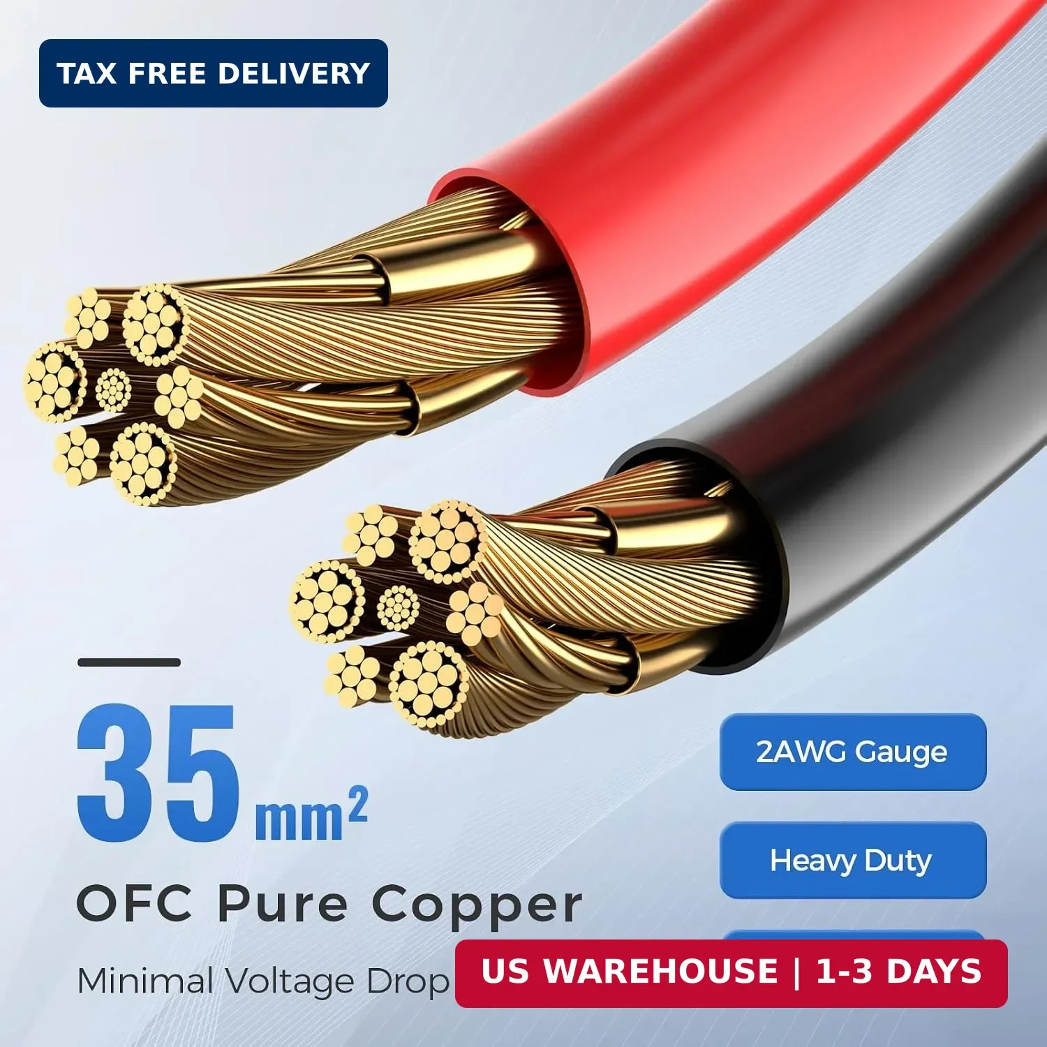 2PCS 2AWG Battery Cables 12 Inch, 30CM 2 Gauge Pure Copper Battery Inverter Wire