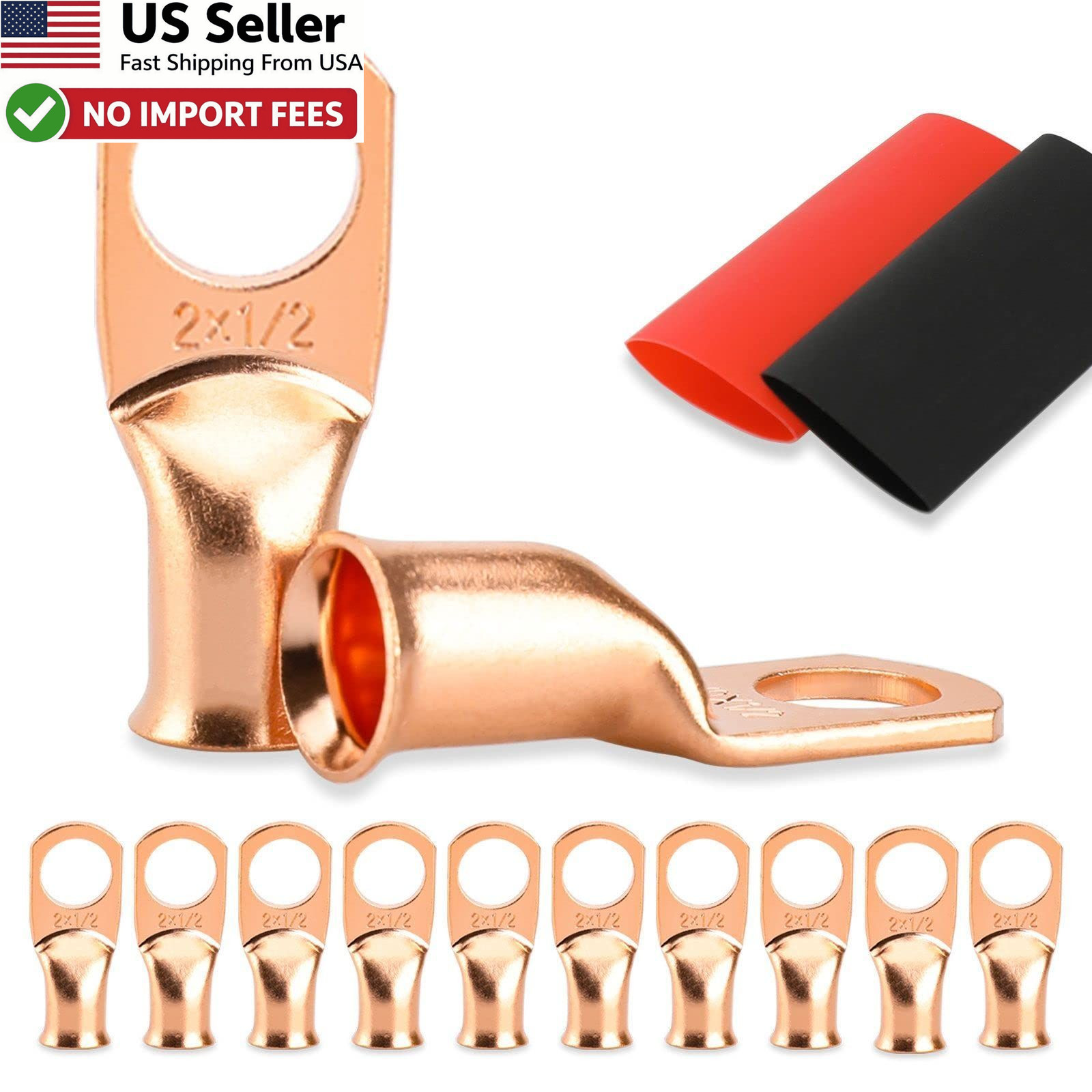 HOUSUN 10PCS 2 Gauge Battery Cable Ends 1/2 Copper Lugs w/ Heat Shrink FROM USA