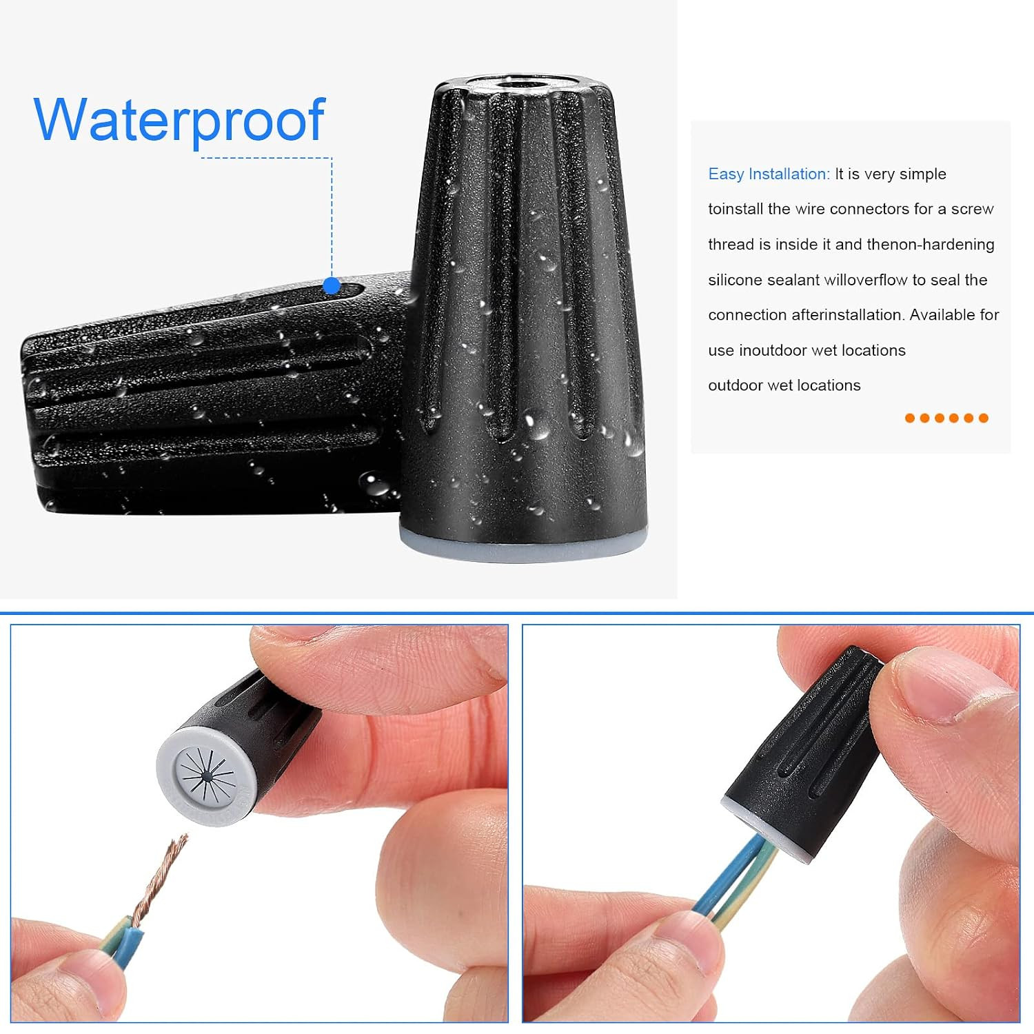 50 Pieces Waterproof Wire Electrical Connectors Black Waterproof Wire Nuts Outd