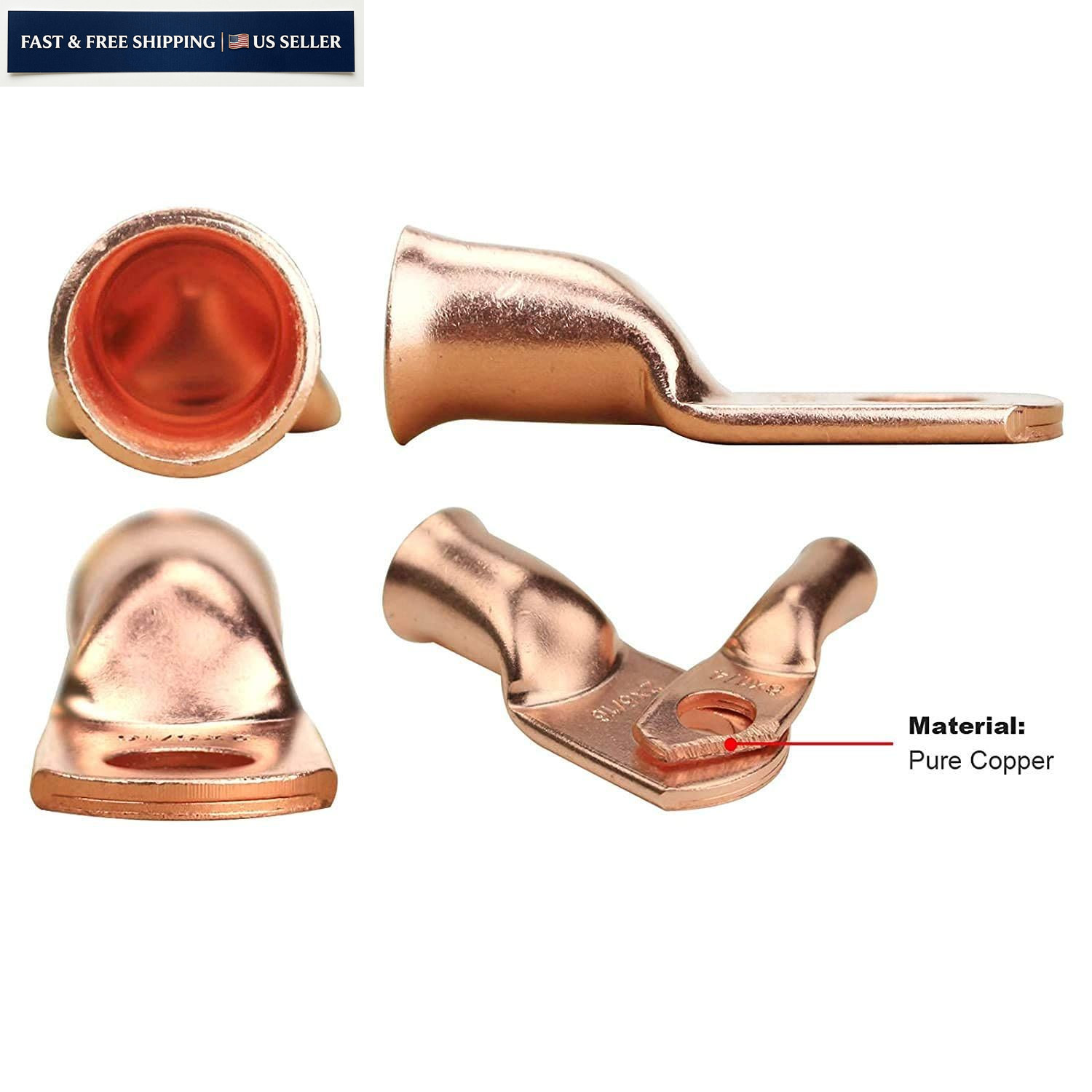 TKDMR 8pcs 3/0 AWG-3/8 Battery Lugs,Heavy Awg – 3/8″ (M10) Ring, Copper