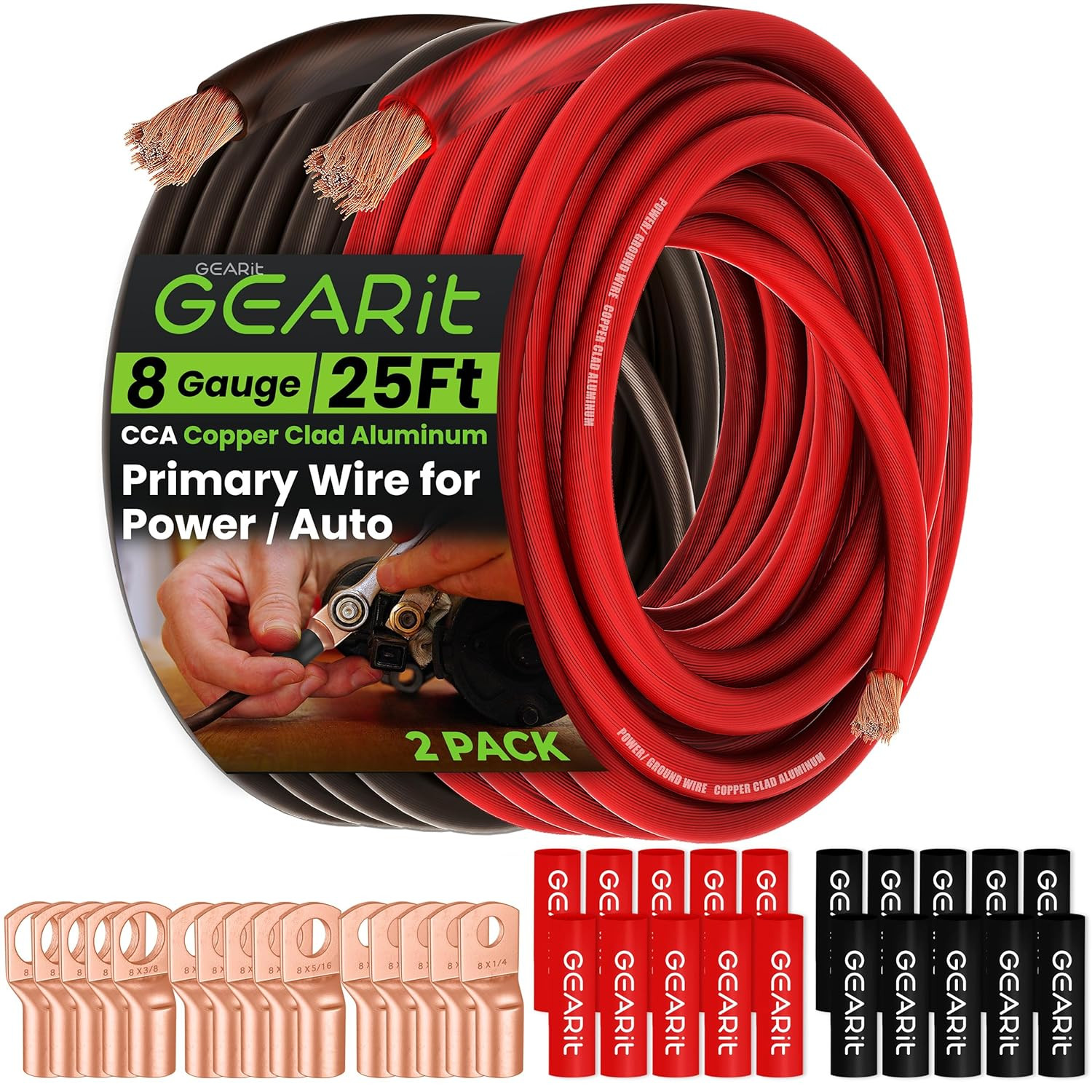 , 8 Gauge Wire, 15 Lugs, 20 Heat Shrink Wrap, for Automotive, Battery Cable, Amp
