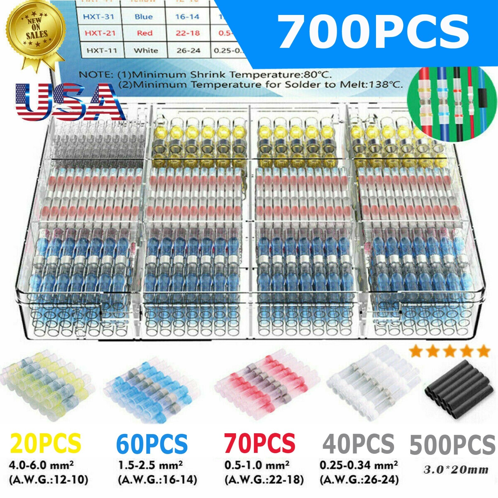 700PCS Solder Sleeve Seal Heat Shrink Butt Wire Connectors Terminals Waterproof