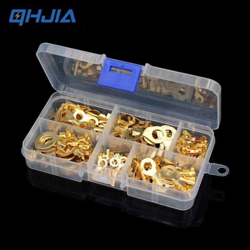 150PCS Brass Crimp Ring Terminals Wire Connectors Spade Electrical Set