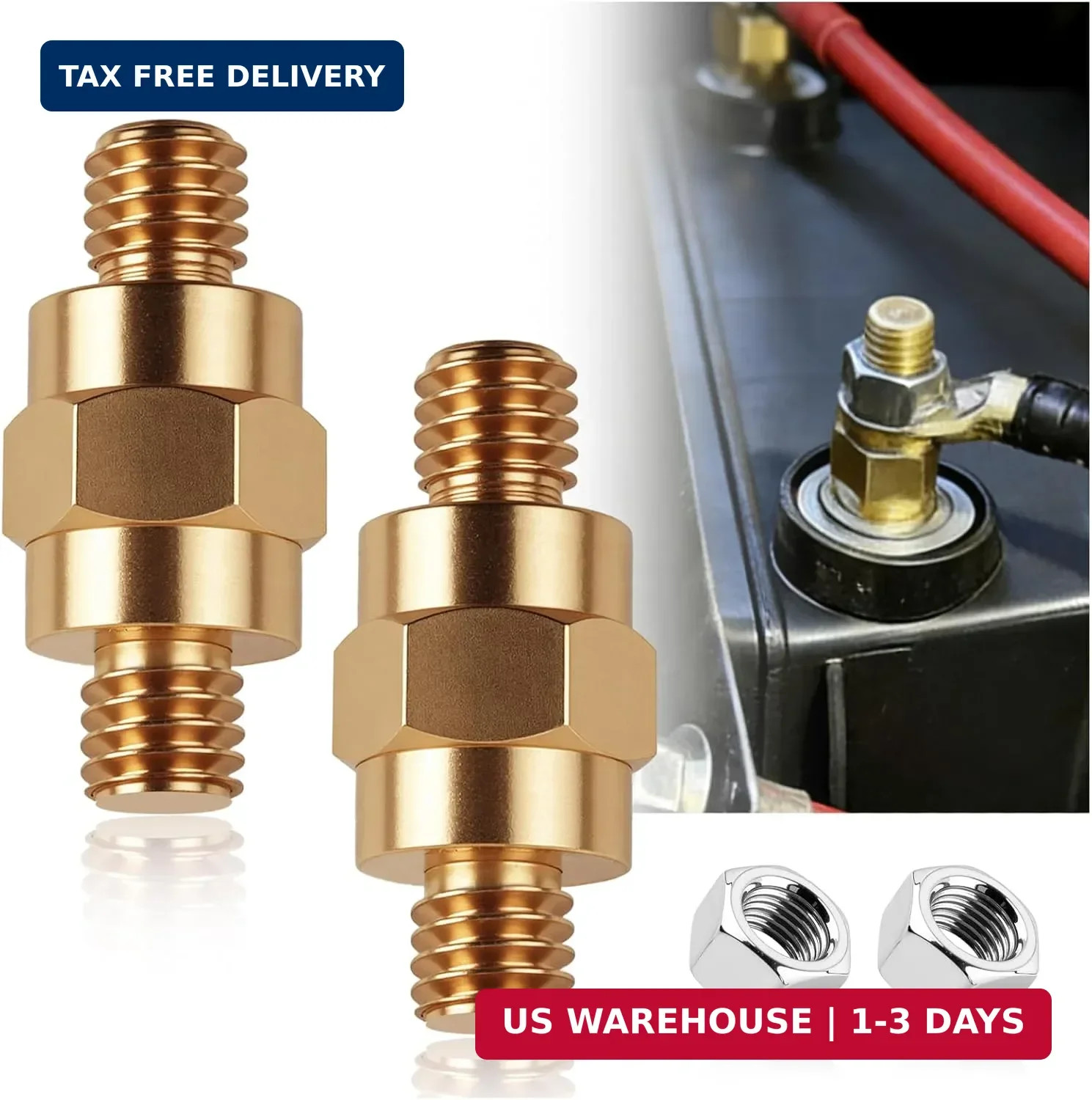 2 Set Brass Side Post Battery Terminals Adapter with Nuts,3/8″-16 Coarse Side Po