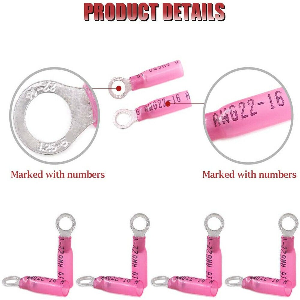 200-50Pcs Heat Shrink Marine Automotive Ring Terminals22-16Gauge #10 Stud Eyelet