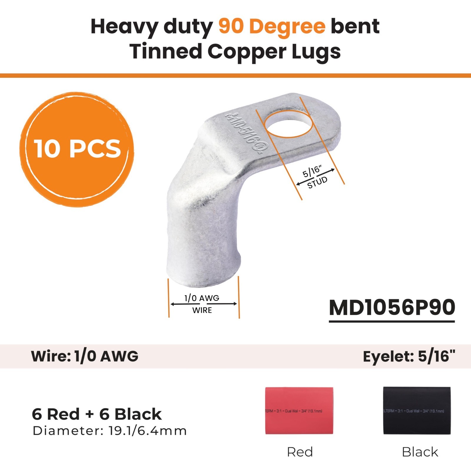 10pcs 1/0 AWG Battery Lugs 90° Bent Ring Terminals + 12 Heat Shrink Tubing Kit
