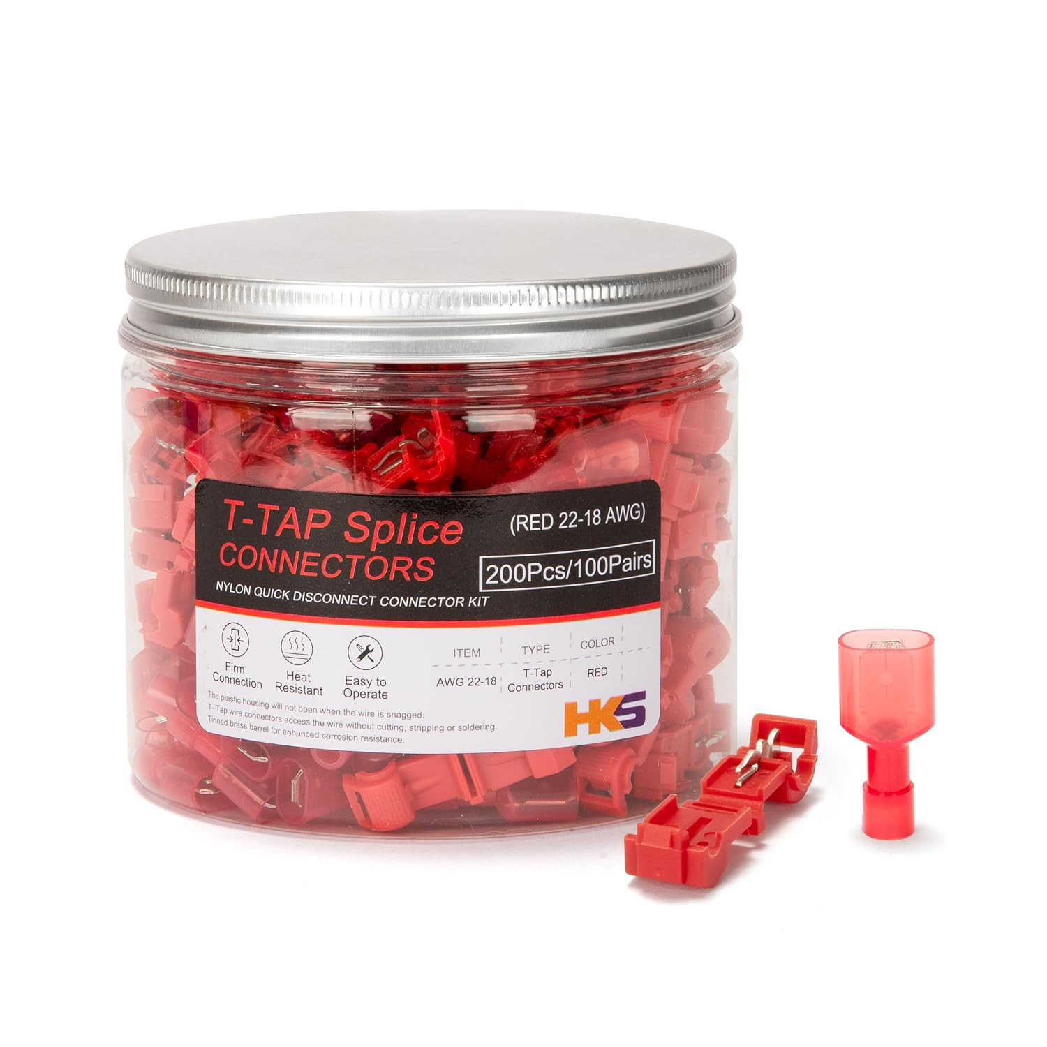 200Pcs/100 Pairs T-Tap Wire Connectors Quick Splice Disconnect Red AWG 22-18