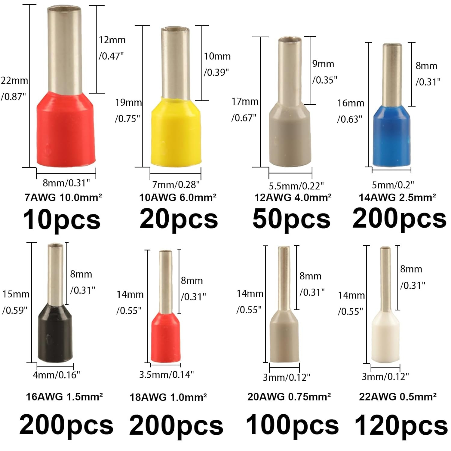 900Pcs Wire Ferrule Terminals Kit – 8 Types AWG 22-7 Connectors, Pin Terminal As