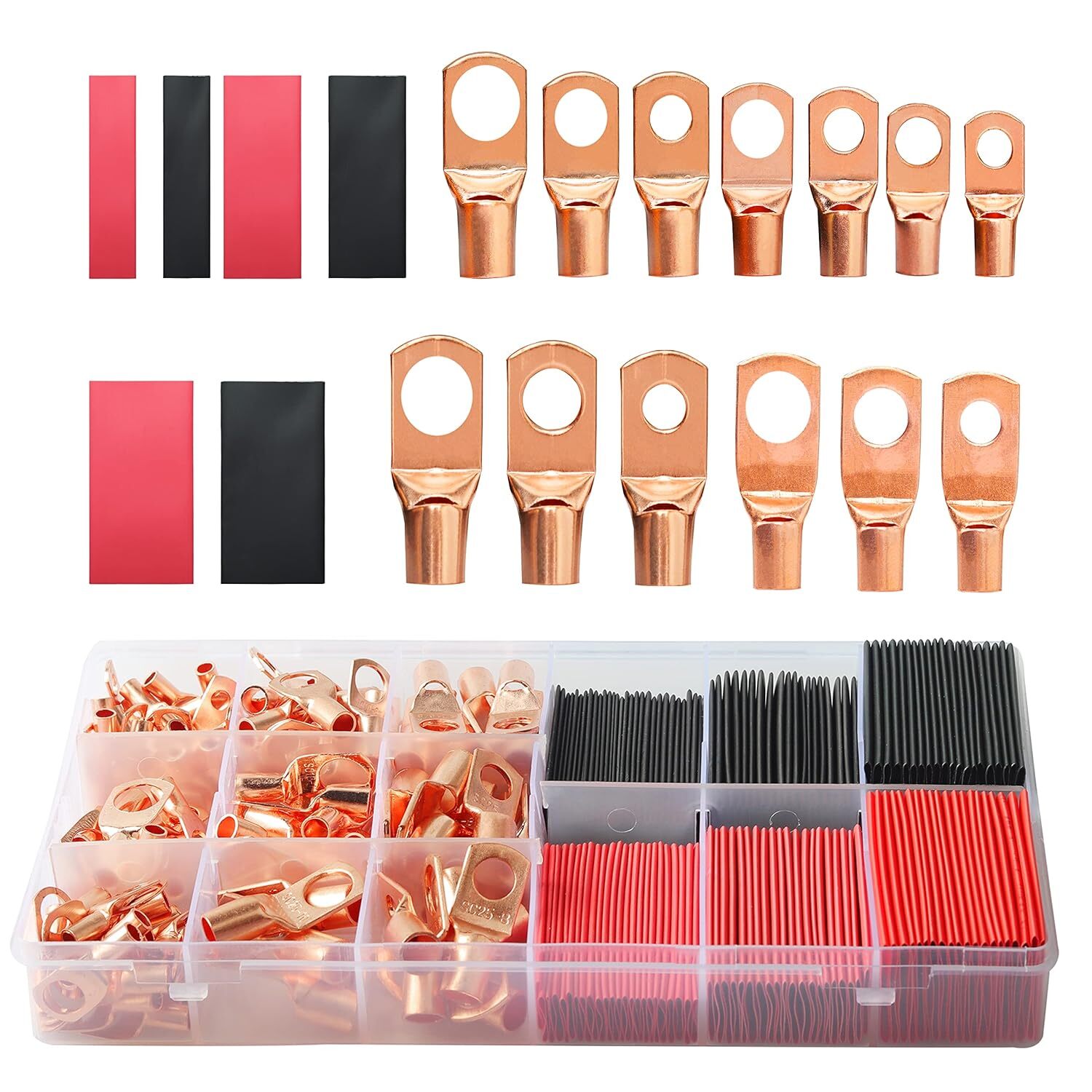 240Pcs Copper Wire Lugs Battery Cable Ends Ring Terminals Tubing Assortment Kit