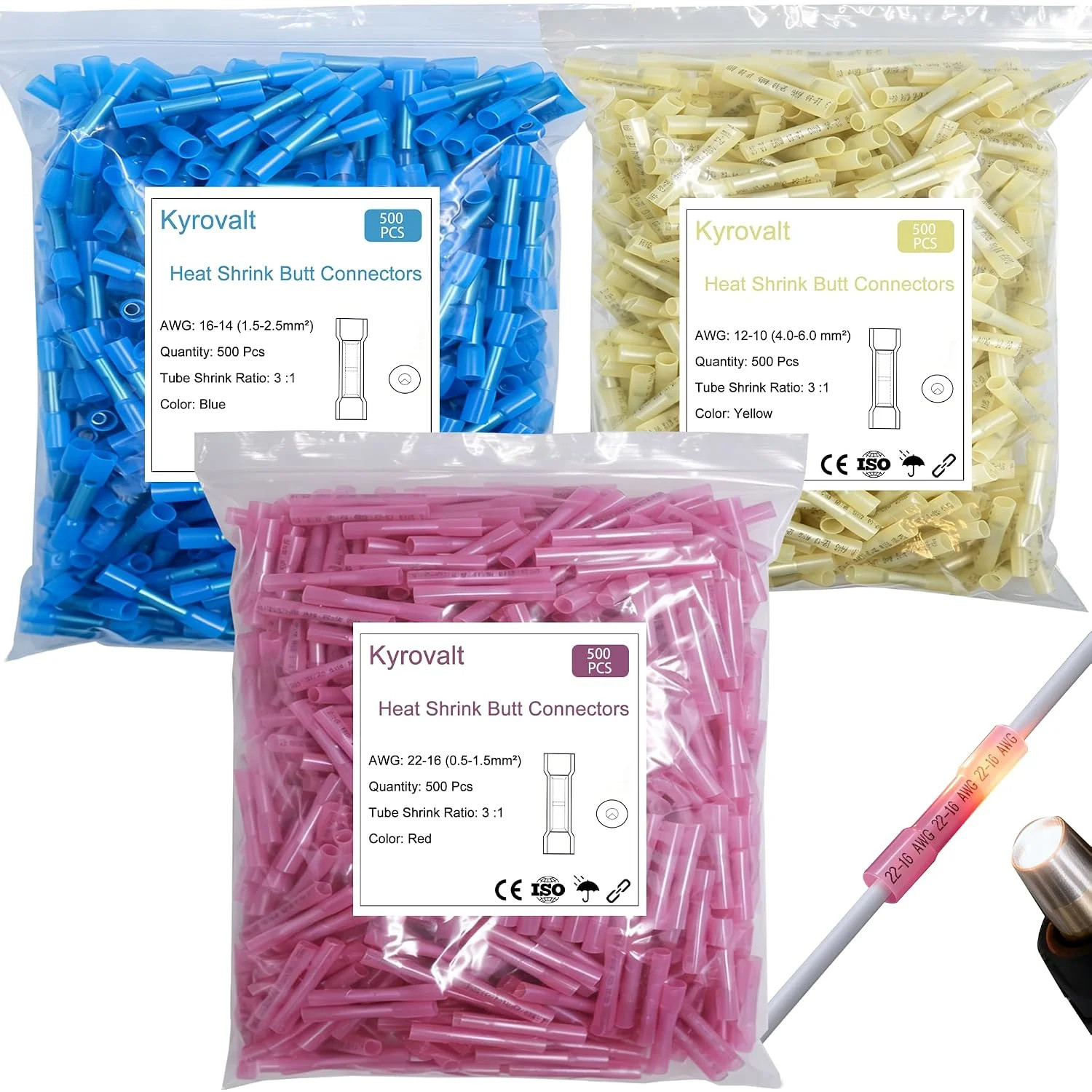 1500 PCS Heat Shrink Butt Connectors,12-10 AWG,16-14 AWG,22-16 AWG Waterproof El