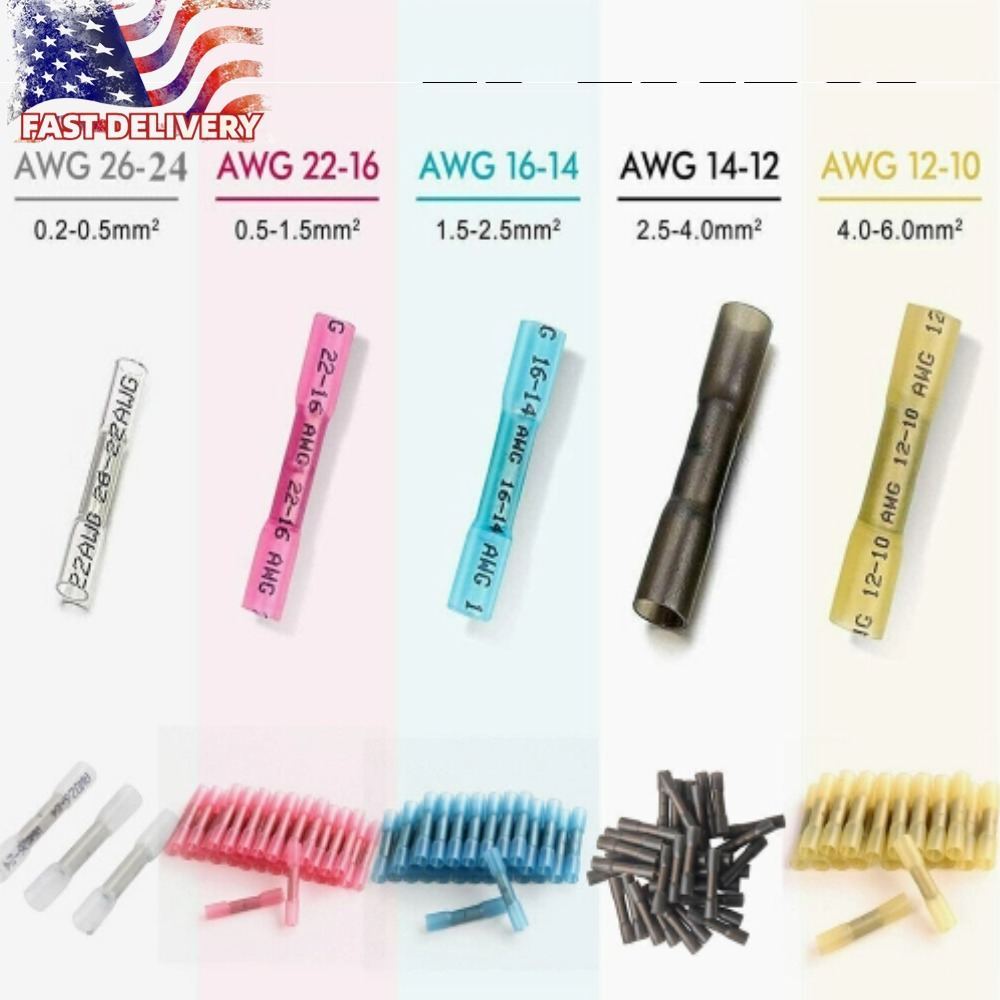 Copper 22-14AWG 3:1 Ratio Heat Shrink Butt Wire Crimp Connectors Terminals Kit