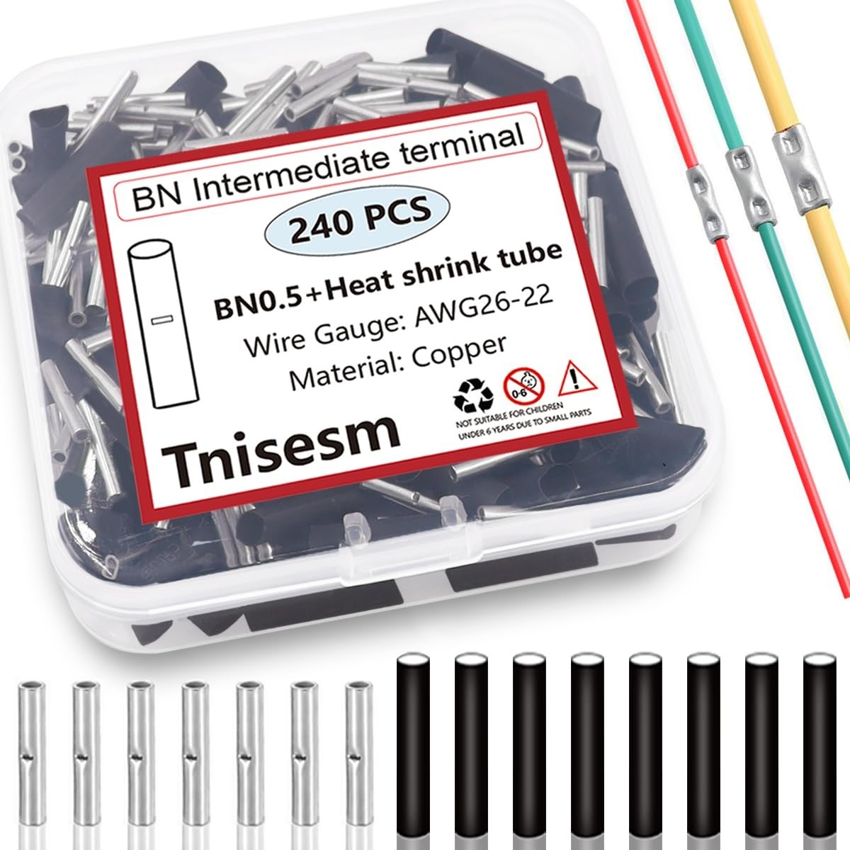 Tnisesm 120 Pcs 26-22 AWG Gauge Non Insulated Butt Connectors, Butt Splice Wire