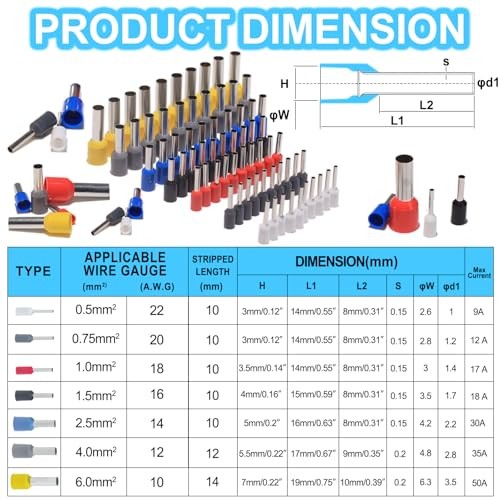 UL Listed 600pcs Wire Ferrules Terminals Kit AWG 22-10 Crimp Copper Ferrules