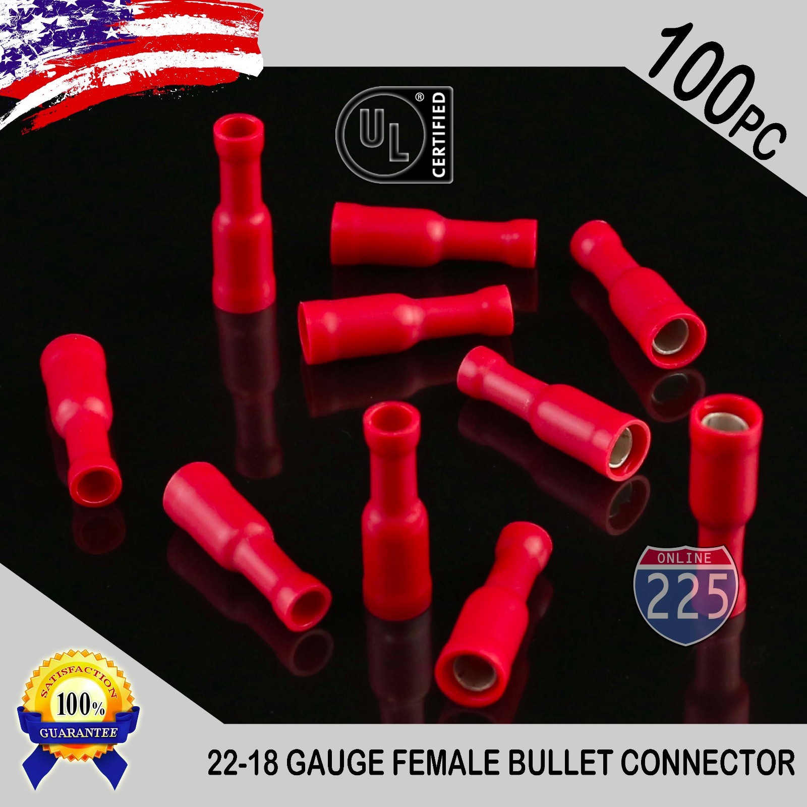 100 Pack 22-18 Gauge Red Female Bullet Connectors Fully Insulated Vinyl .156″ UL