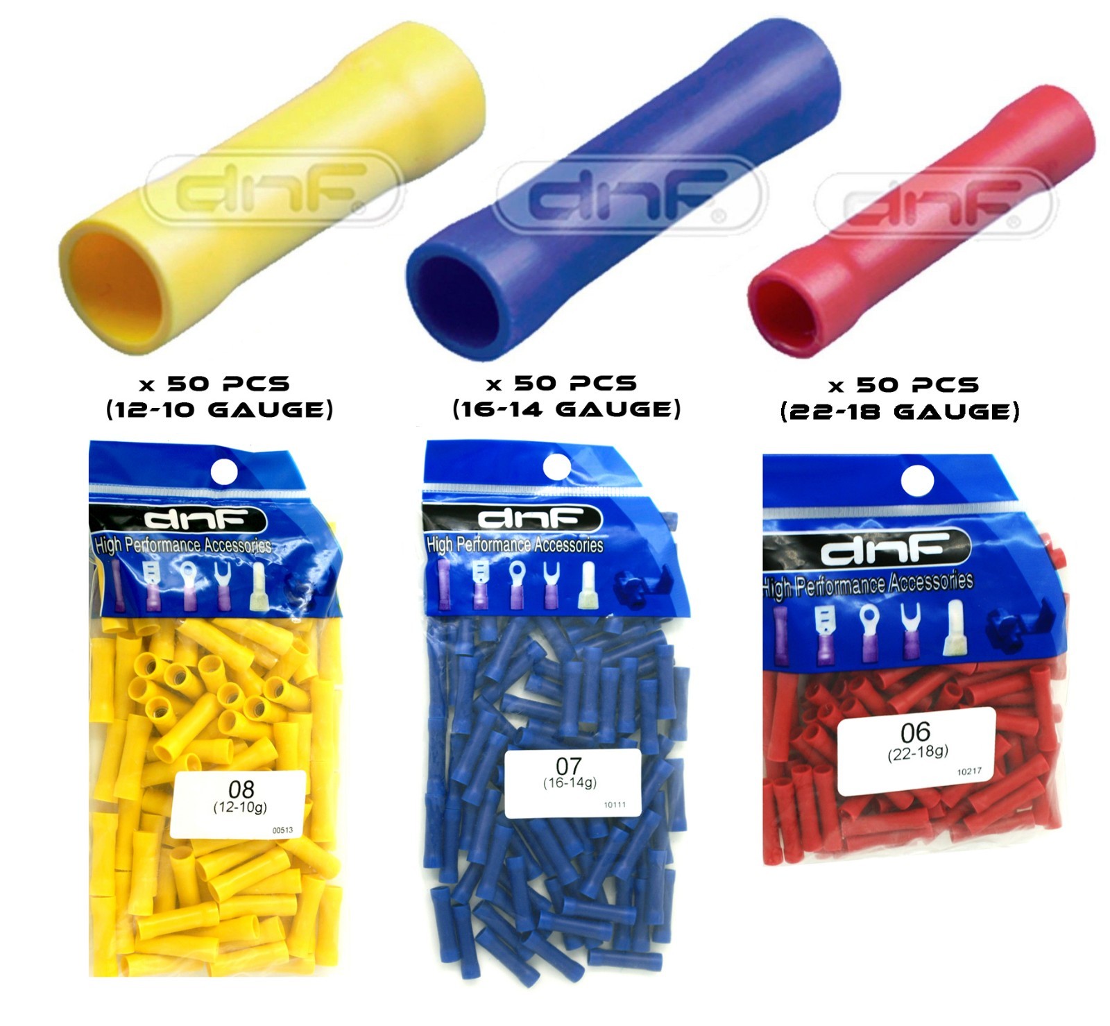 150 PACK 10-12 14-16 18-22 GAUGE VINYL BUTT CONNECTORS 50 PIECES EACH TERMINAL