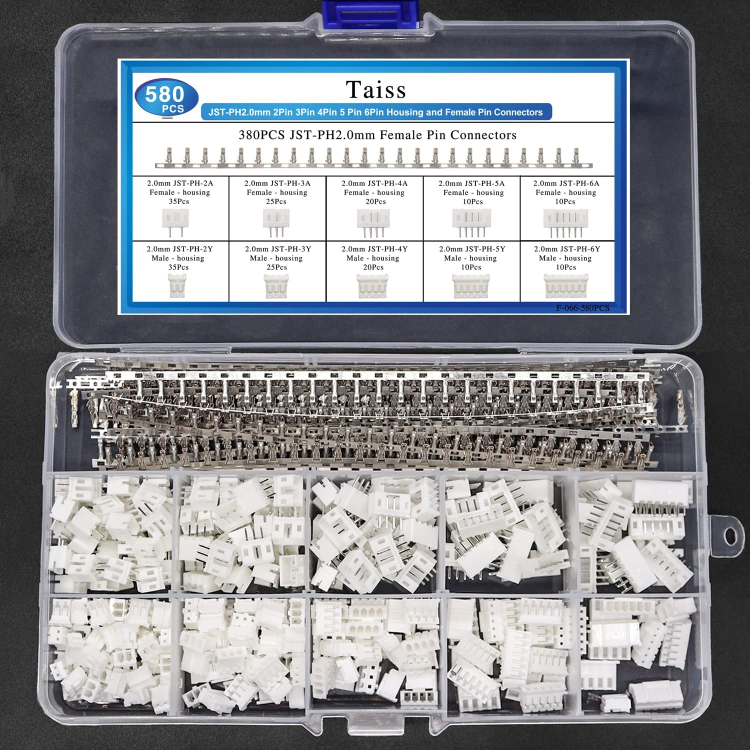 Taiss 580PCS JST PH Connector kit 2.0mm PH2.0 Kit, White