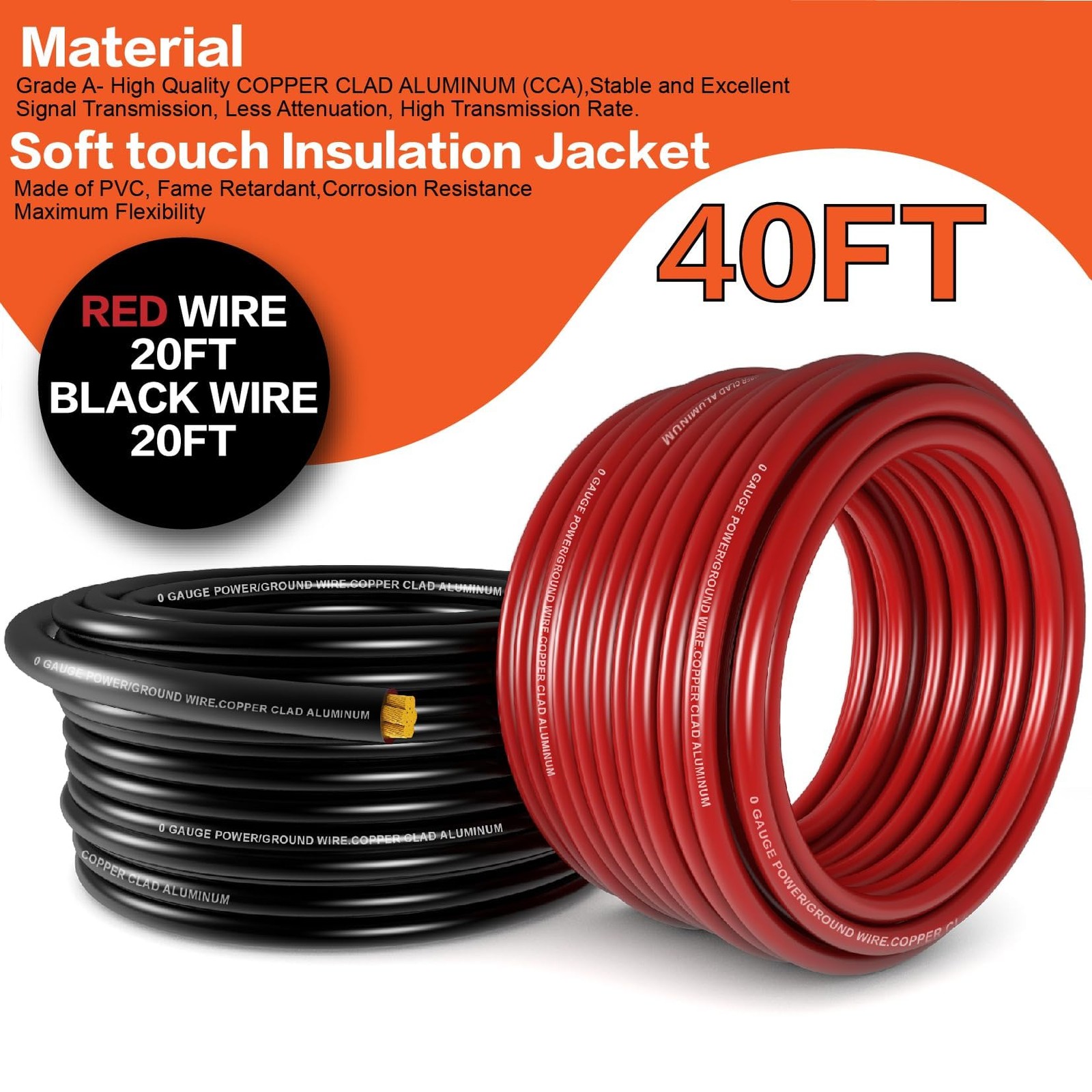 1/0 Gauge Wire20ft Each Red/Black Copper Clad Aluminum CCA Primary Automoti…