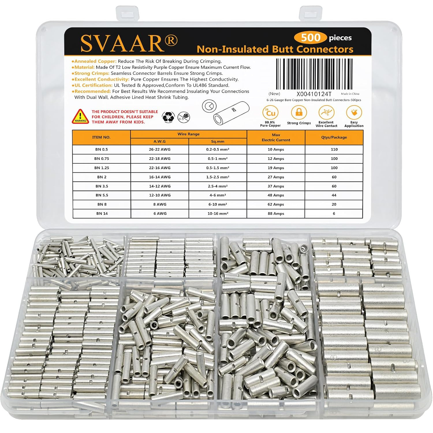 SVAAR 500PCS Non Insulated Butt Connectors 6 – 26 Gauge Butt Splice Kit 6 – 26