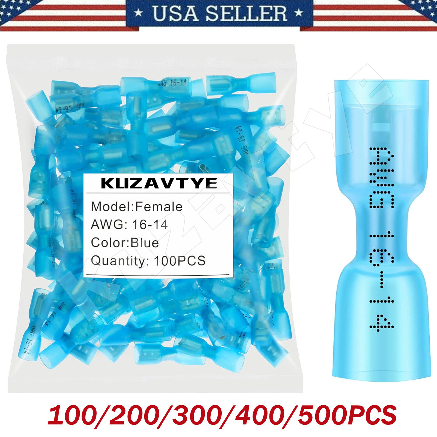 100-500X Spade Heat Shrink Wire Connectors 16-14 AWG Female Crimp Terminals Blue