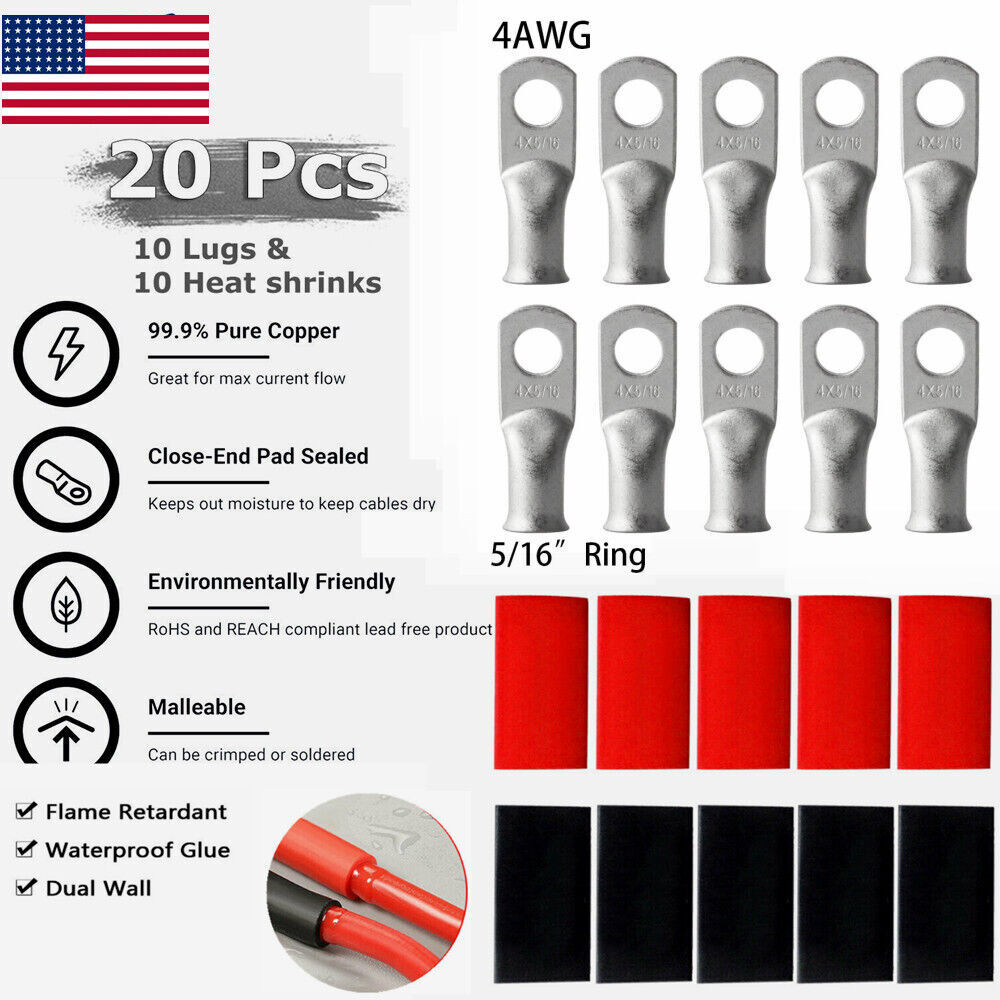 4AWG 5/16″ Stud Tinned Copper Lugs Red &Black 3:1 Shrink Ring Terminals