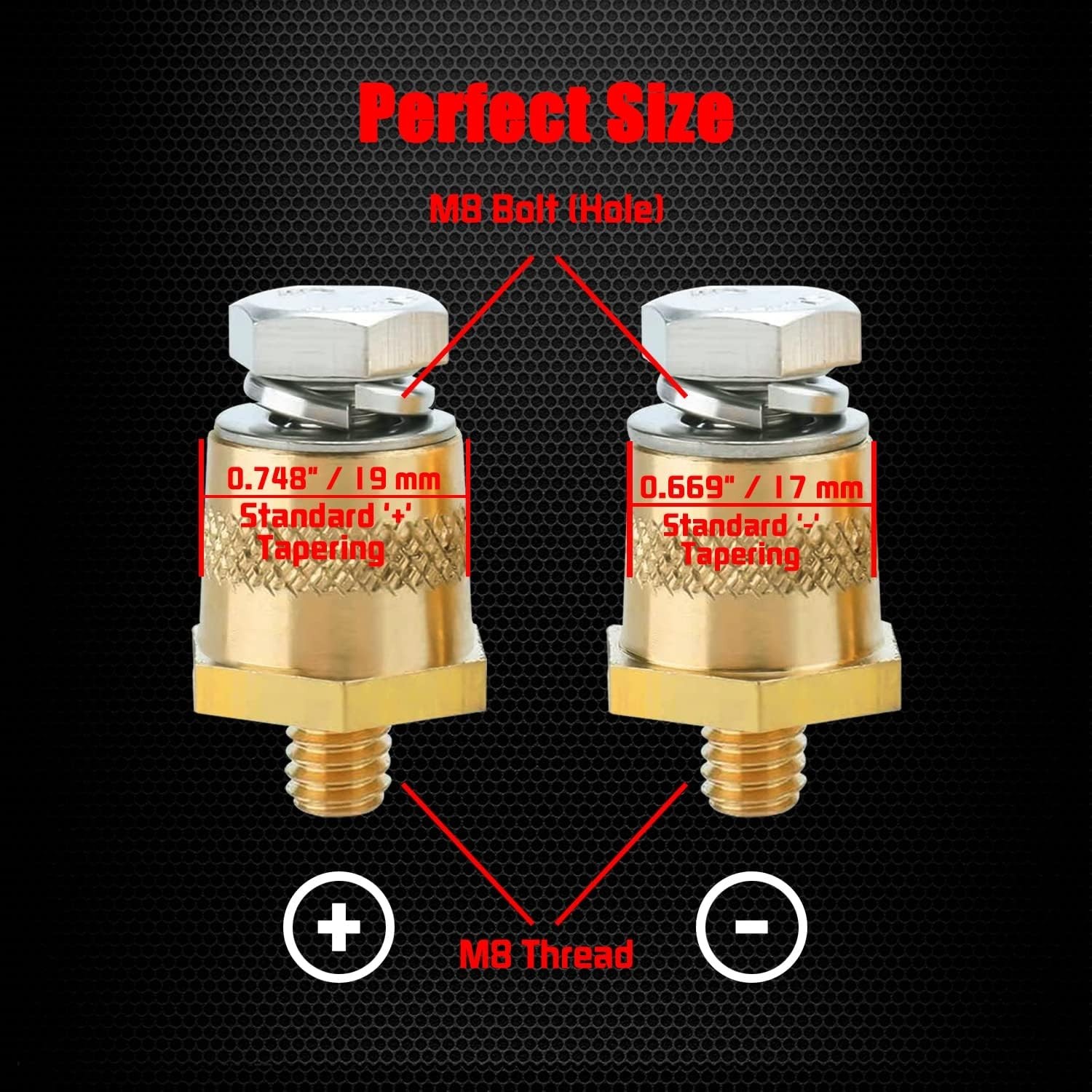 Durable M8 Thread Brass Battery Terminal Charging Posts with M8 Bolts – 2 Pack