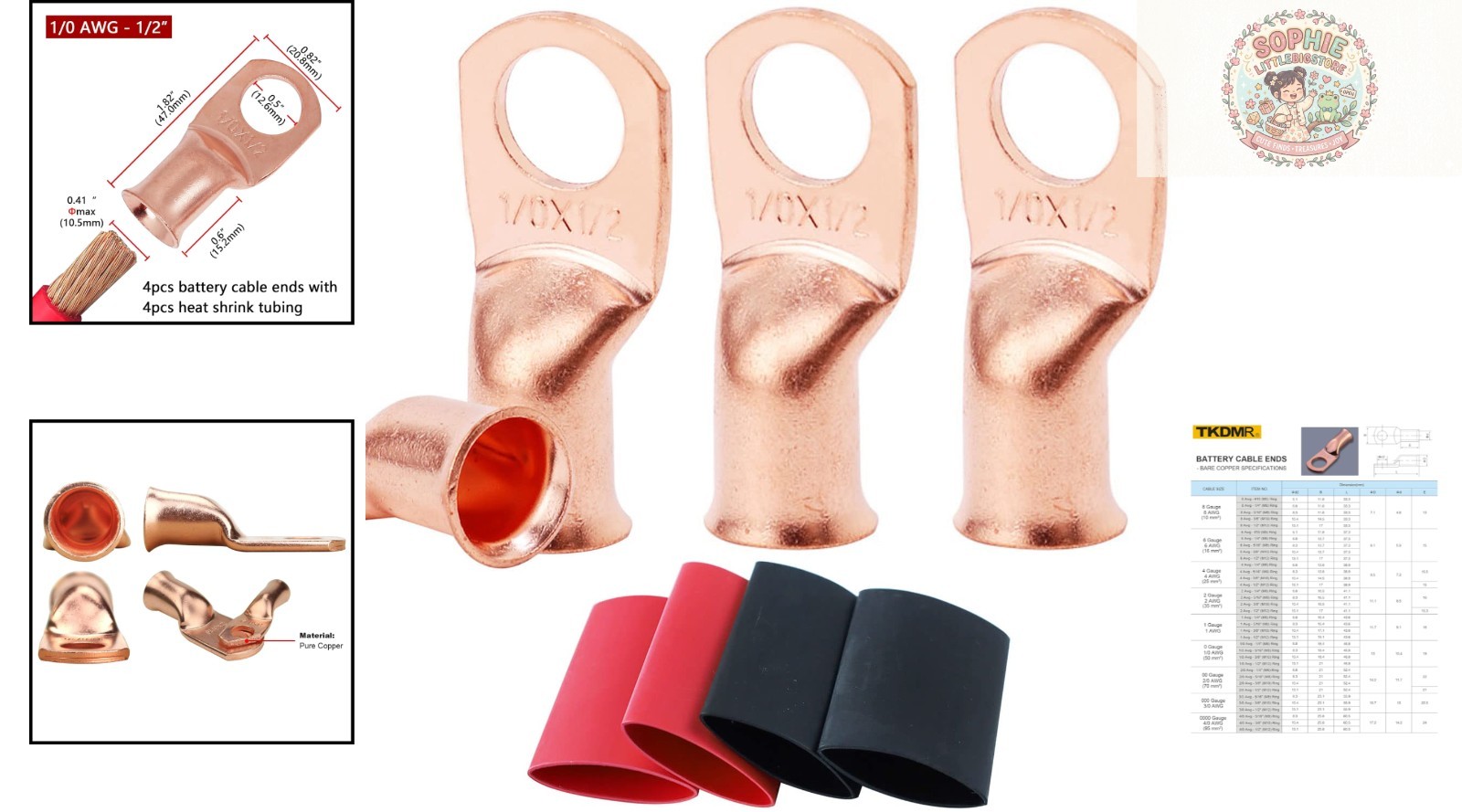 Set of 4 Heavy Duty 1/0 AWG Ring Terminals with Protective Heat Shrink Tubing