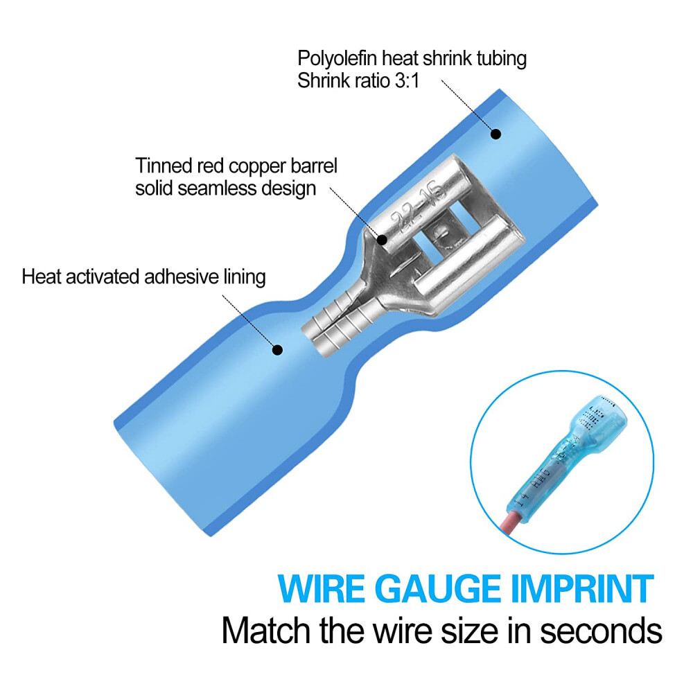 Blue Waterproof Spade Female/Male Heat Shrink Wire Connectors Terminals 16-14AWG