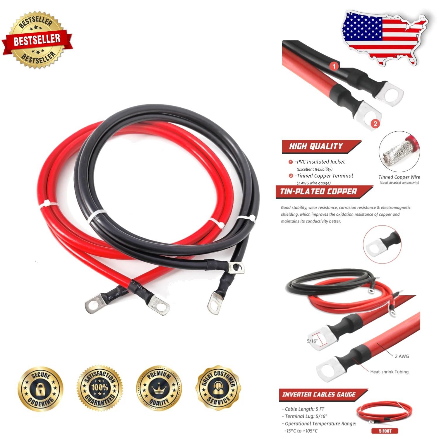Heavy Duty 2 AWG Battery Cables 5FT – 2x Pure Copper, 5/16 Lugs, Heat Resista…