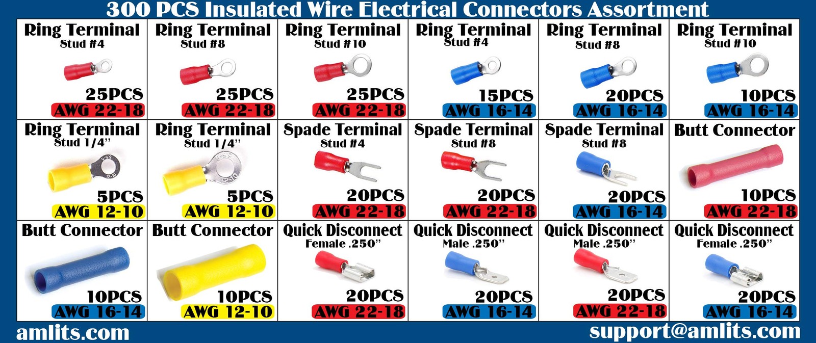 300 Pcs Insulated Wire Connectors Kit Brass Vinyl Butt Ring Spade Quick Disconne